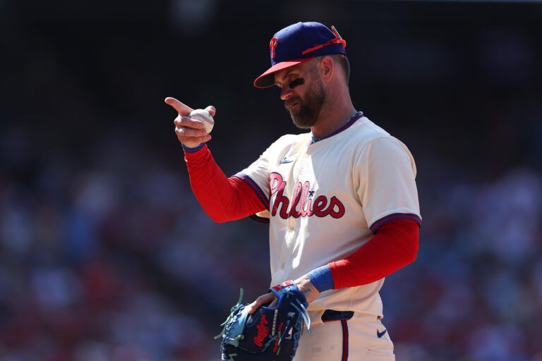 Philadelphia Phillies first base Bryce Harper (3) before the first pitch against the Cincinnati Reds at Citizens Bank Park.