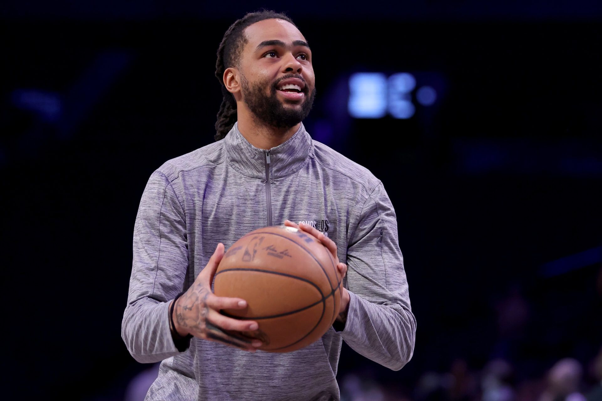 Brooklyn Nets guard D'Angelo Russell (1) warms up before a game against the Los Angeles Lakers at Barclays Center.