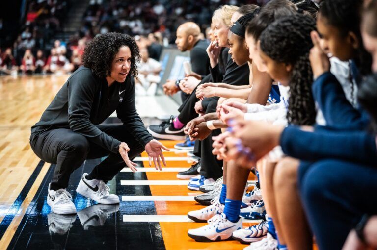 Duke Blue Devils head coach Kara Lawson talks to her tam in the second half of the NCAA Regional Final game at Legacy Arena in Birmingham Alabama, March 30, 2025. The Gamecocks won the game and will advance to the Final Four.