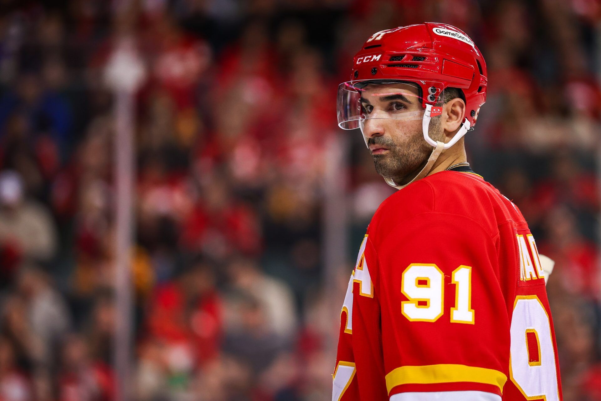 Calgary Flames center Nazem Kadri (91) against the Minnesota Wild during the second period at Scotiabank Saddledome.
