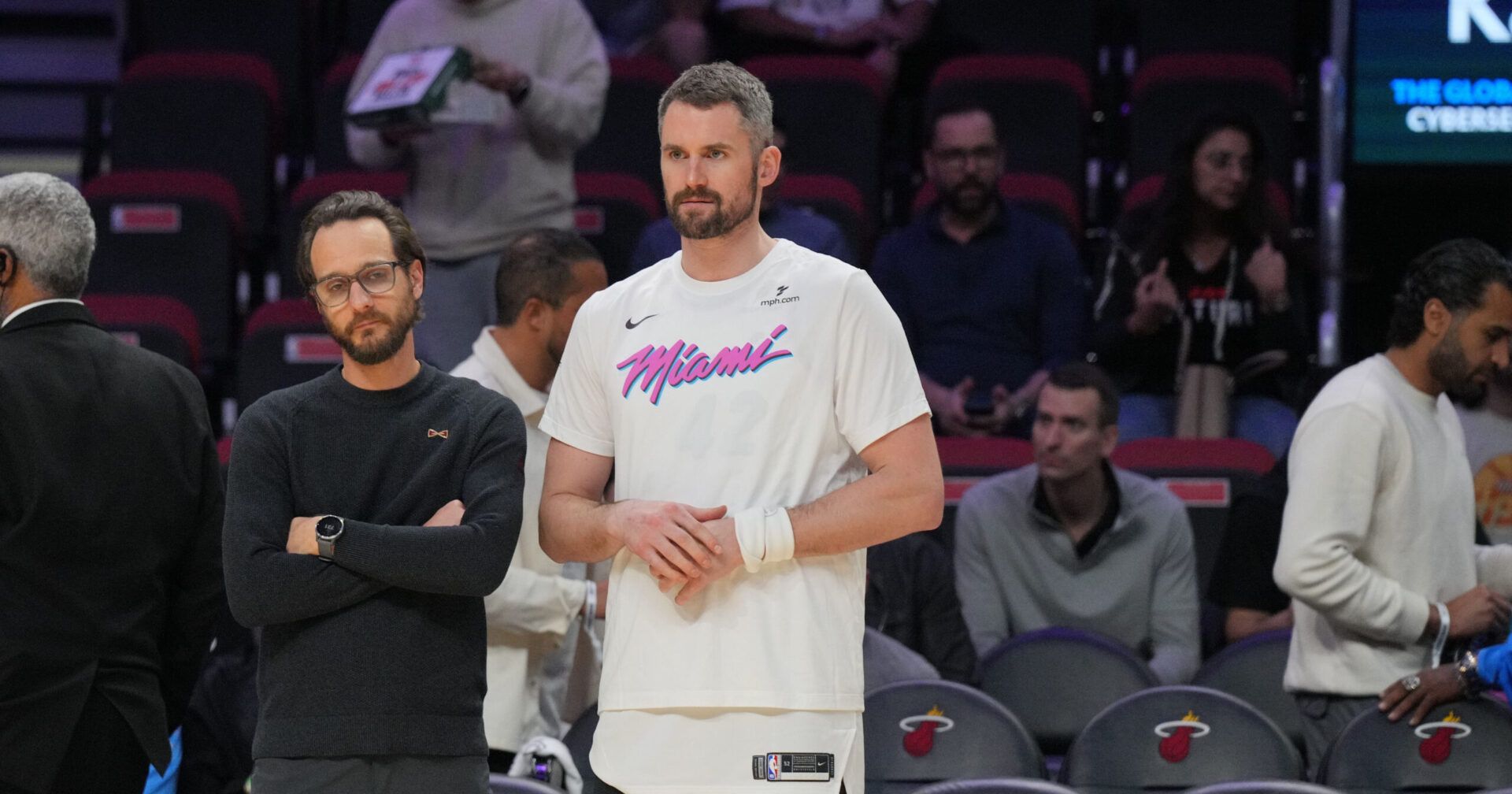 Miami Heat forward Kevin Love (42) looks on during warm-ups before the game against the Cleveland Cavaliers at Kaseya Center.