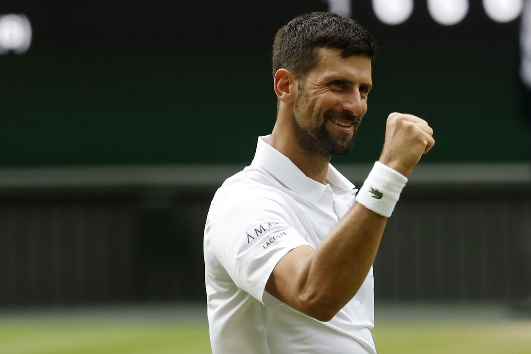 Novak Djokovic (SRB) celebrates after his match against Alex de Minaur (AUS)(not pictured) on day eight of The Championships Wimbledon 2025 at All England Lawn Tennis and Croquet Club.