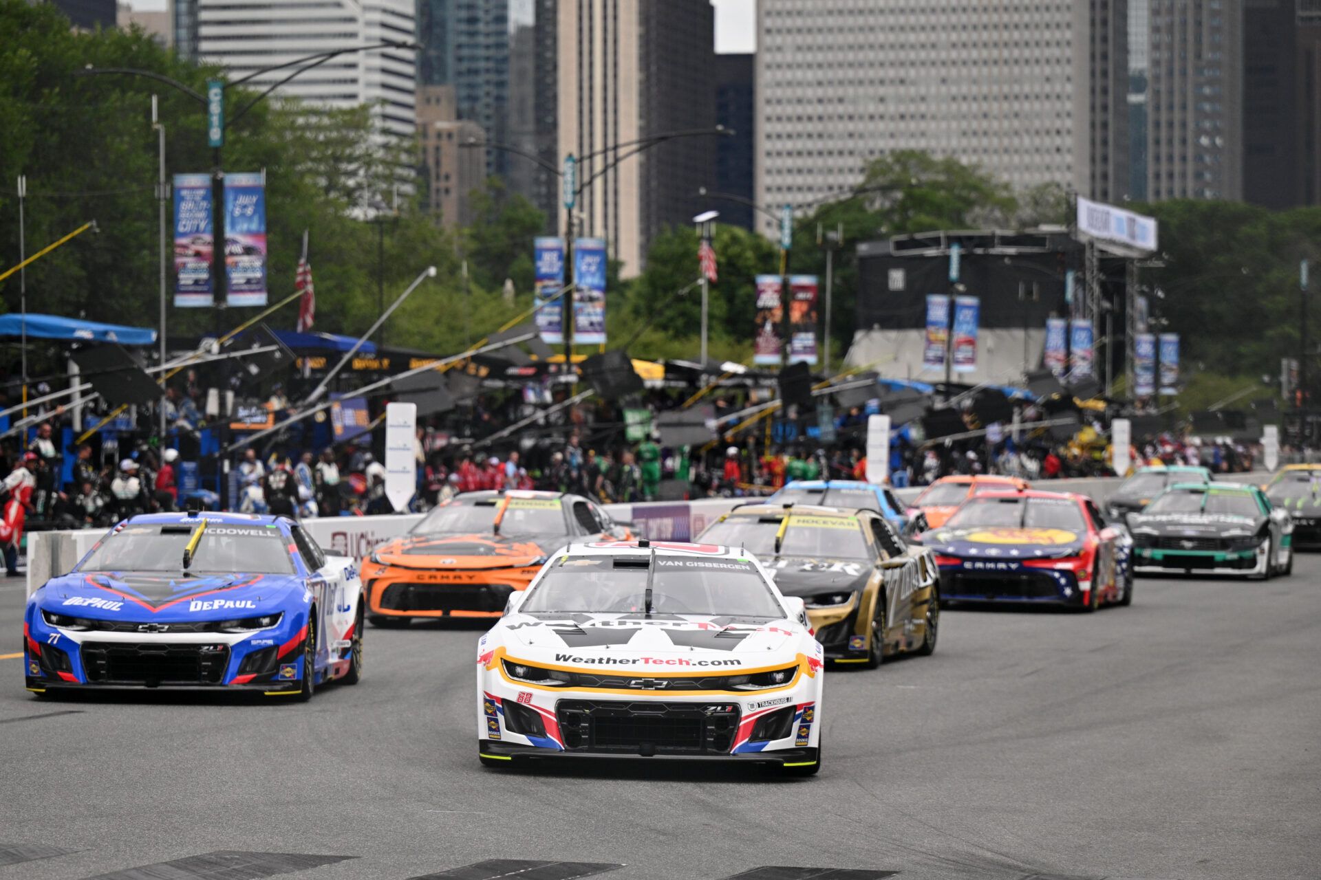 NASCAR Cup Series driver Shane van Gisbergen (88) leads the field in a turn during the Grant Park 165 at Chicago Street Race.