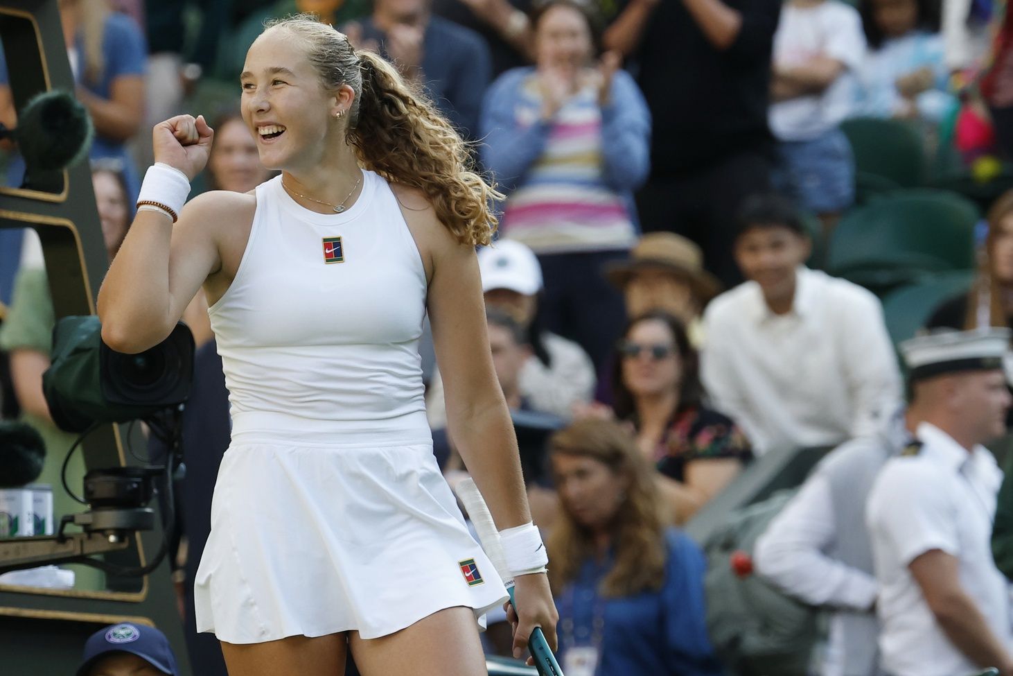 Mirra Andreeva celebrates after her match against Emma Navarro (USA)(not pictured) on day eight of The Championships Wimbledon 2025 at All England Lawn Tennis and Croquet Club.