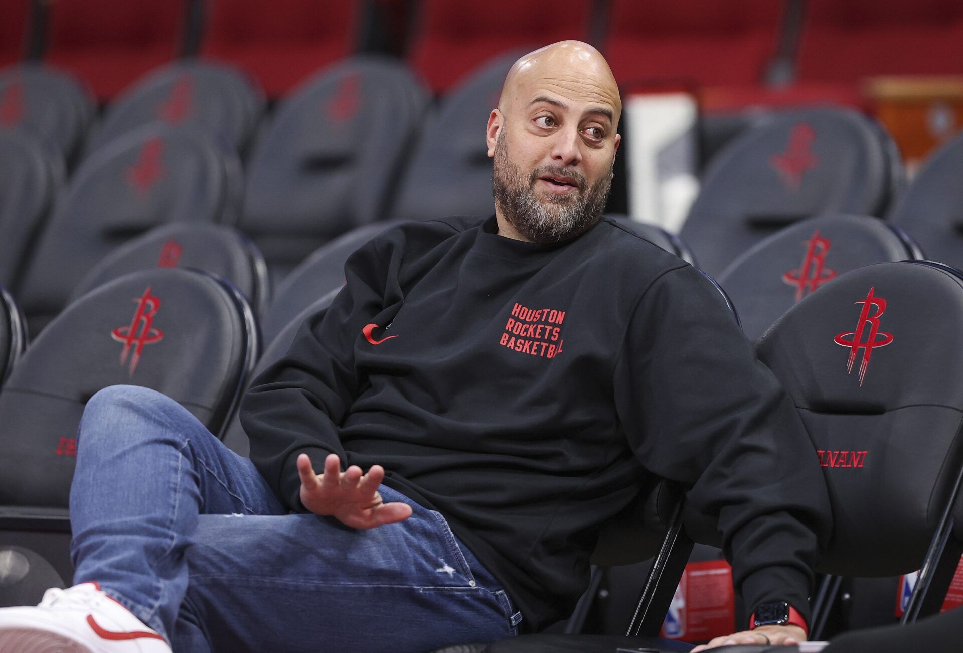 Houston Rockets general manager Rafael Stone talks before the game against the Denver Nuggets at Toyota Center.