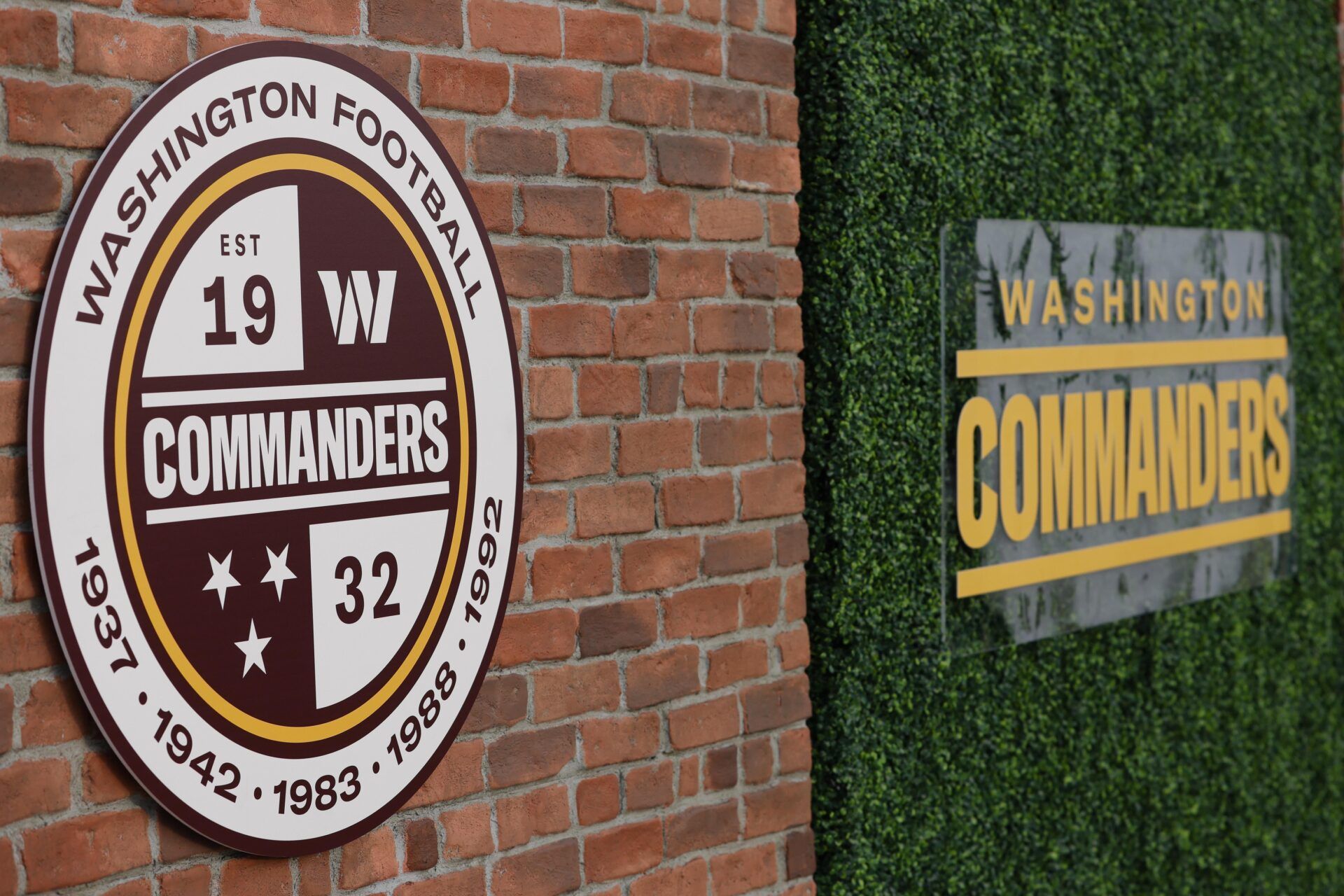 A view of the new logos during a press conference revealing the Washington Commanders as the new name for the formerly named Washington Football Team at FedEx Field.