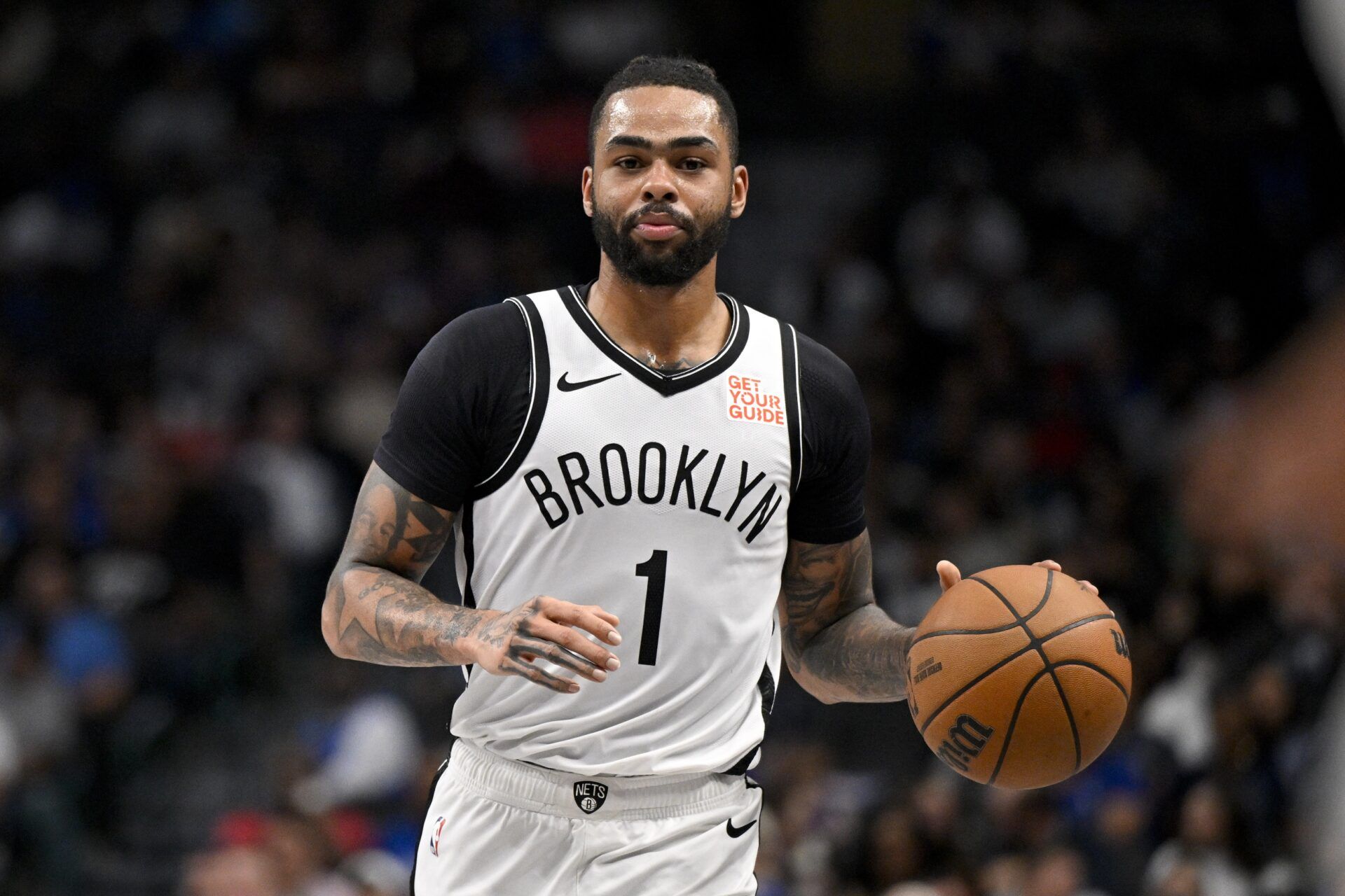 Brooklyn Nets guard D'Angelo Russell (1) in action during the game between the Dallas Mavericks and the Brooklyn Nets at the American Airlines Center.