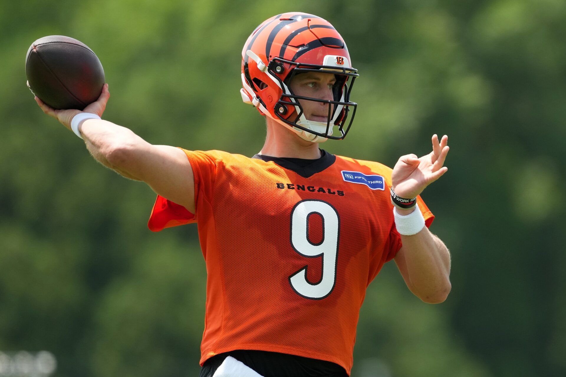 Cincinnati Bengals quarterback Joe Burrow (9) during practice at Paycor Stadium.