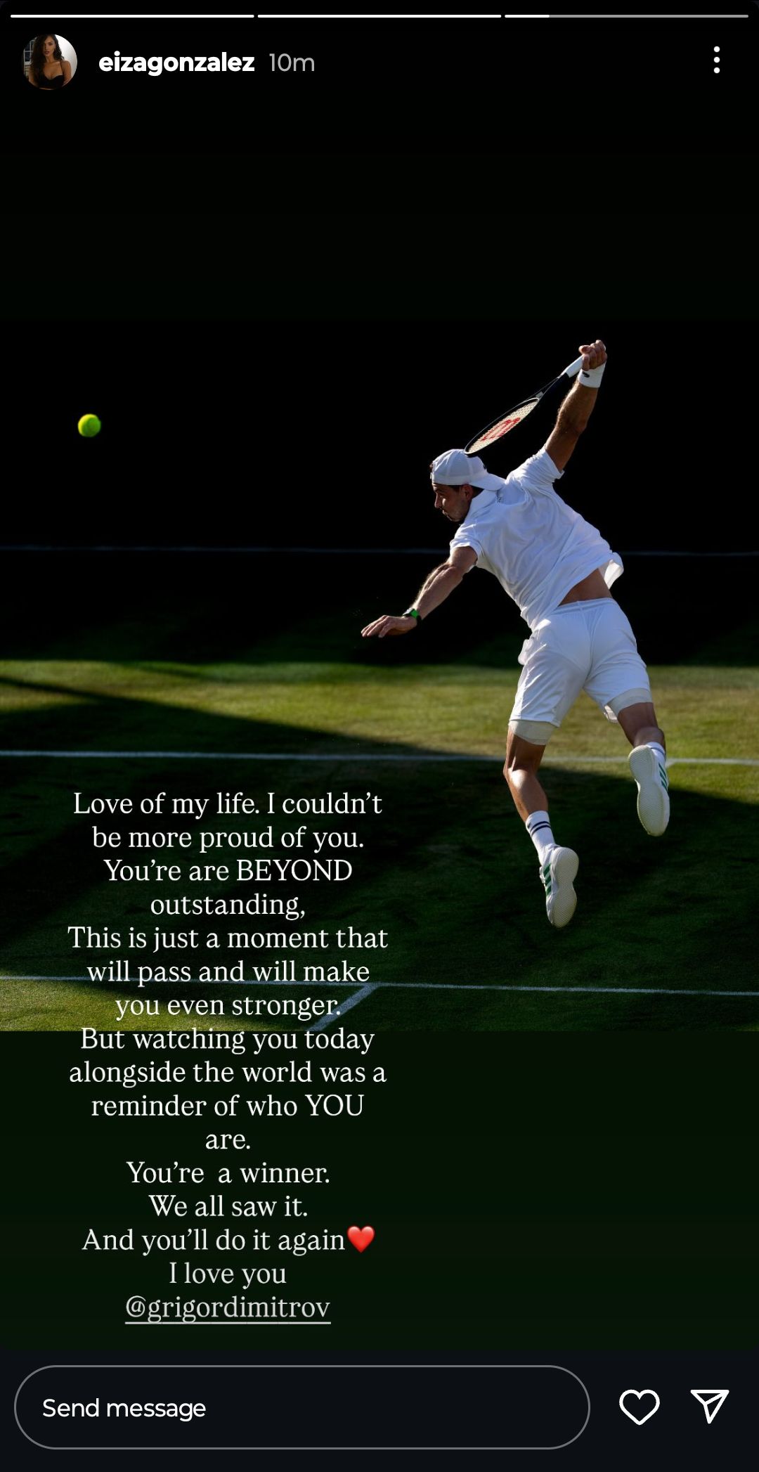 Screen grab of Grigor Dimitrov's girlfriend Eiza González's Instagram story