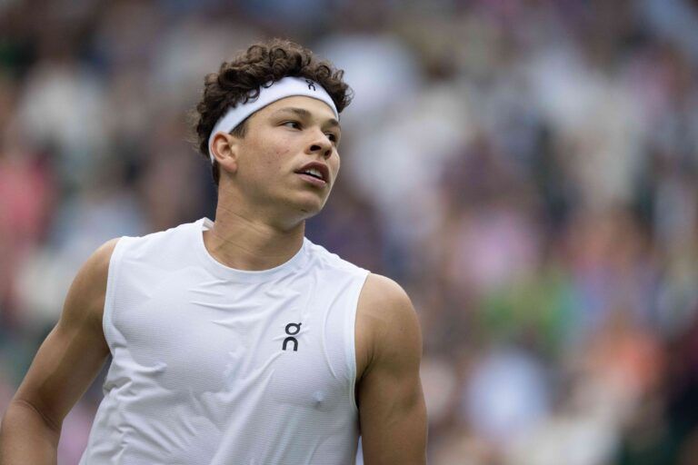 Ben Shelton of the United States during his match against Marton Fucsovics of Hungary on day six at the All England Lawn Tennis and Croquet Club.