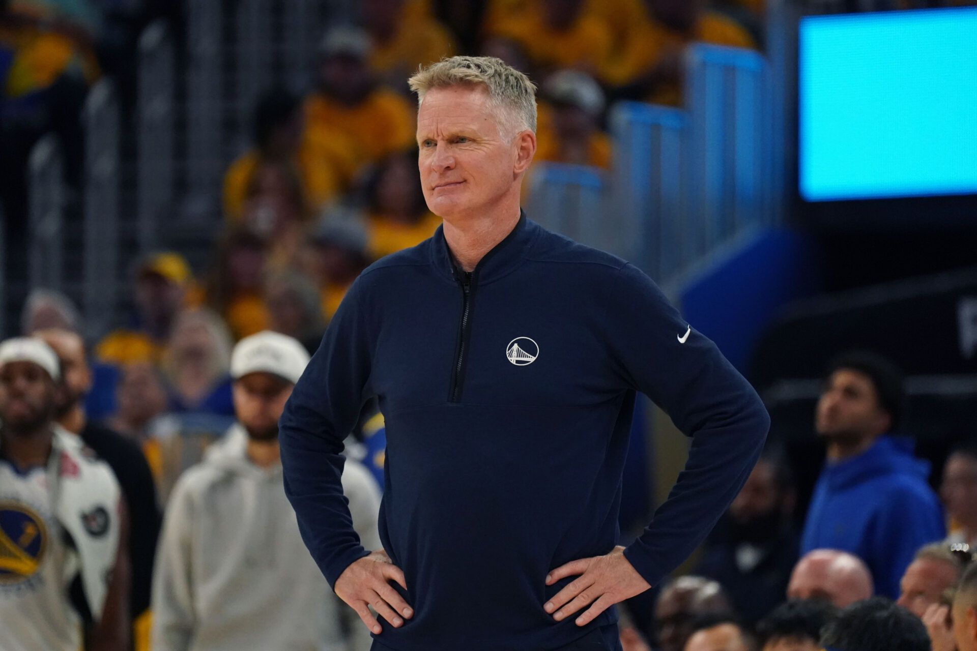 Golden State Warriors head coach Steve Kerr motions to the team in the second quarter during game three against the Minnesota Timberwolves in the second round for the 2025 NBA Playoffs at Chase Center.