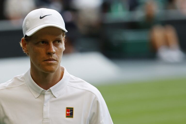 Jannik Sinner (ITA) looks to his player's box between points against Grigor Dimitrov (BUL)(not pictured) on day eight of The Championships Wimbledon 2025 at All England Lawn Tennis and Croquet Club.