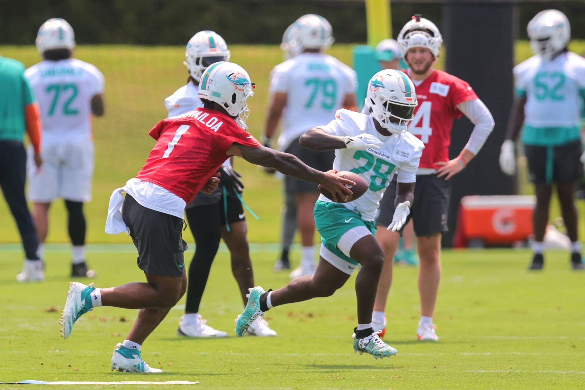 Miami Dolphins quarterback Tua Tagovailoa (1) handoffs the football to running back De'Von Achane (28) during mandatory minicamp at Hard Rock Stadium.