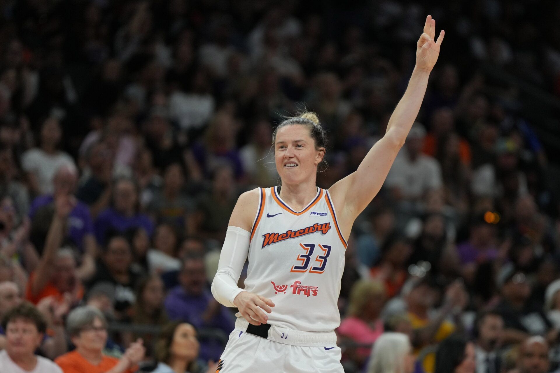 Phoenix Mercury guard Sami Whitcomb (33) reacts after scoring against the Dallas Wings in the second half at Footprint Center.