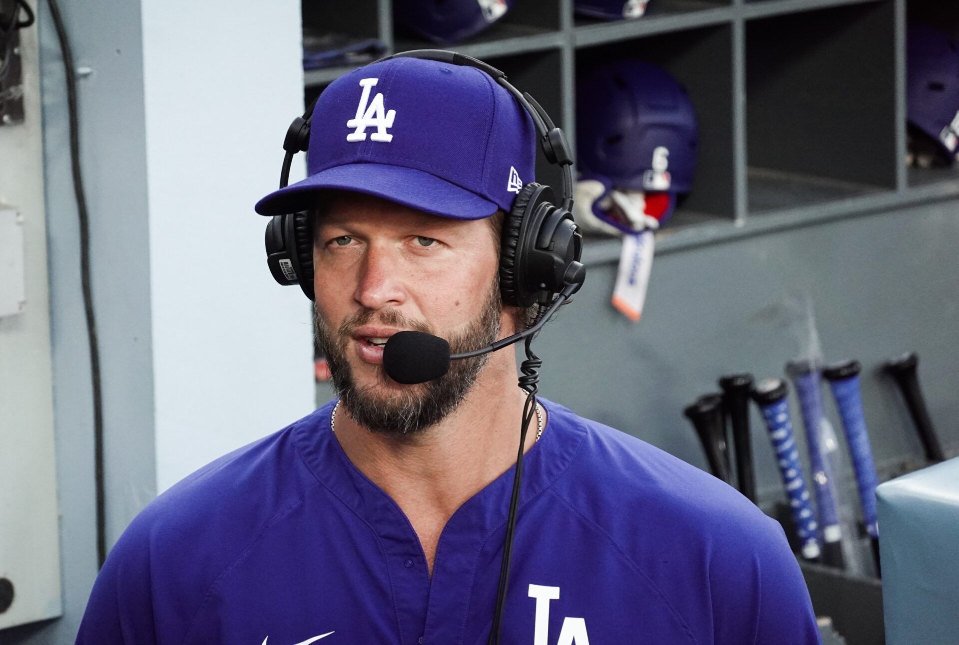 Los Angeles Dodgers starting pitcher Clayton Kershaw (22) speaks to the media before the game against the Chicago White Sox at Dodger Stadium.