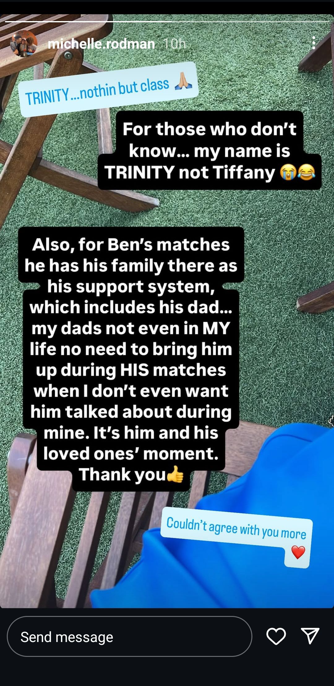 Screen grab of Ben Shelton's girlfriend Trinity Rodman's mother, Michelle's Instagram story
