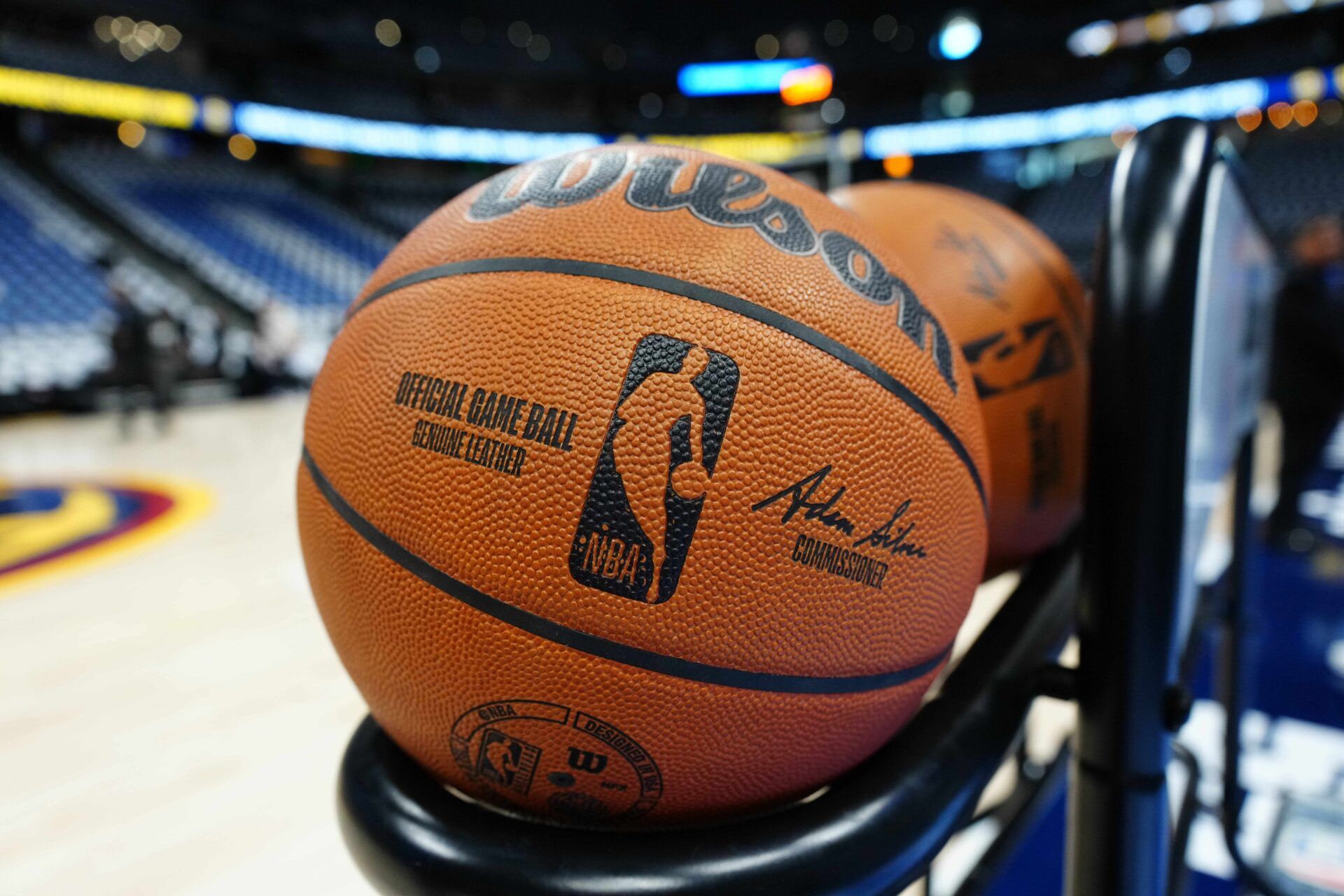 General view of a NBA Wilson basketball before the game between the LA Clippers against the Denver Nuggets at Ball Arena.