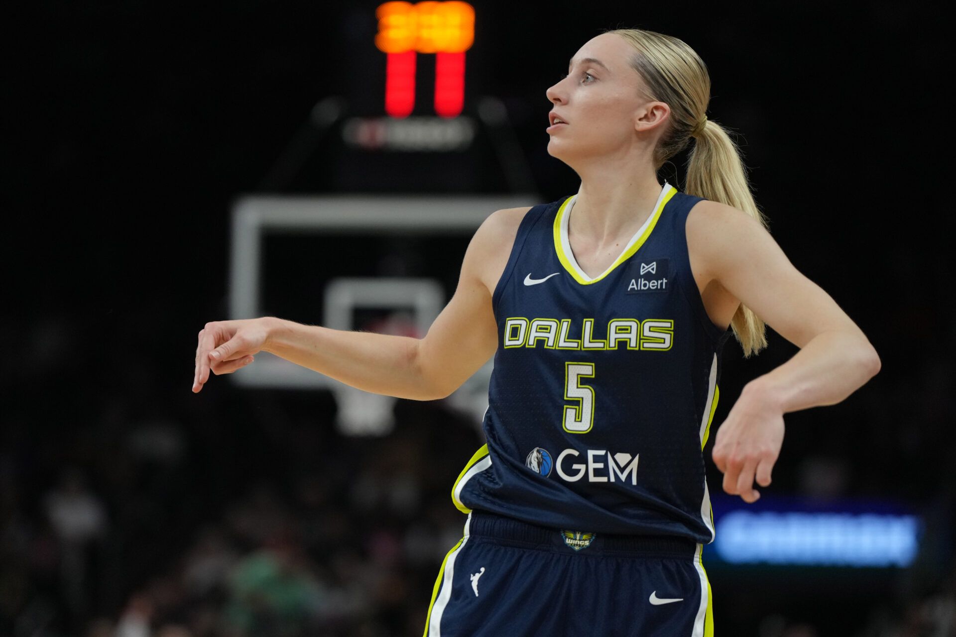 Dallas Wings guard Paige Bueckers (5) shoots against the Phoenix Mercury in the first half at Footprint Center.