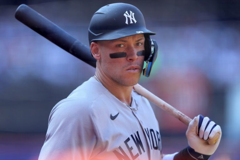 New York Yankees right fielder Aaron Judge (99) waits on deck during the third inning against the New York Mets at Citi Field.