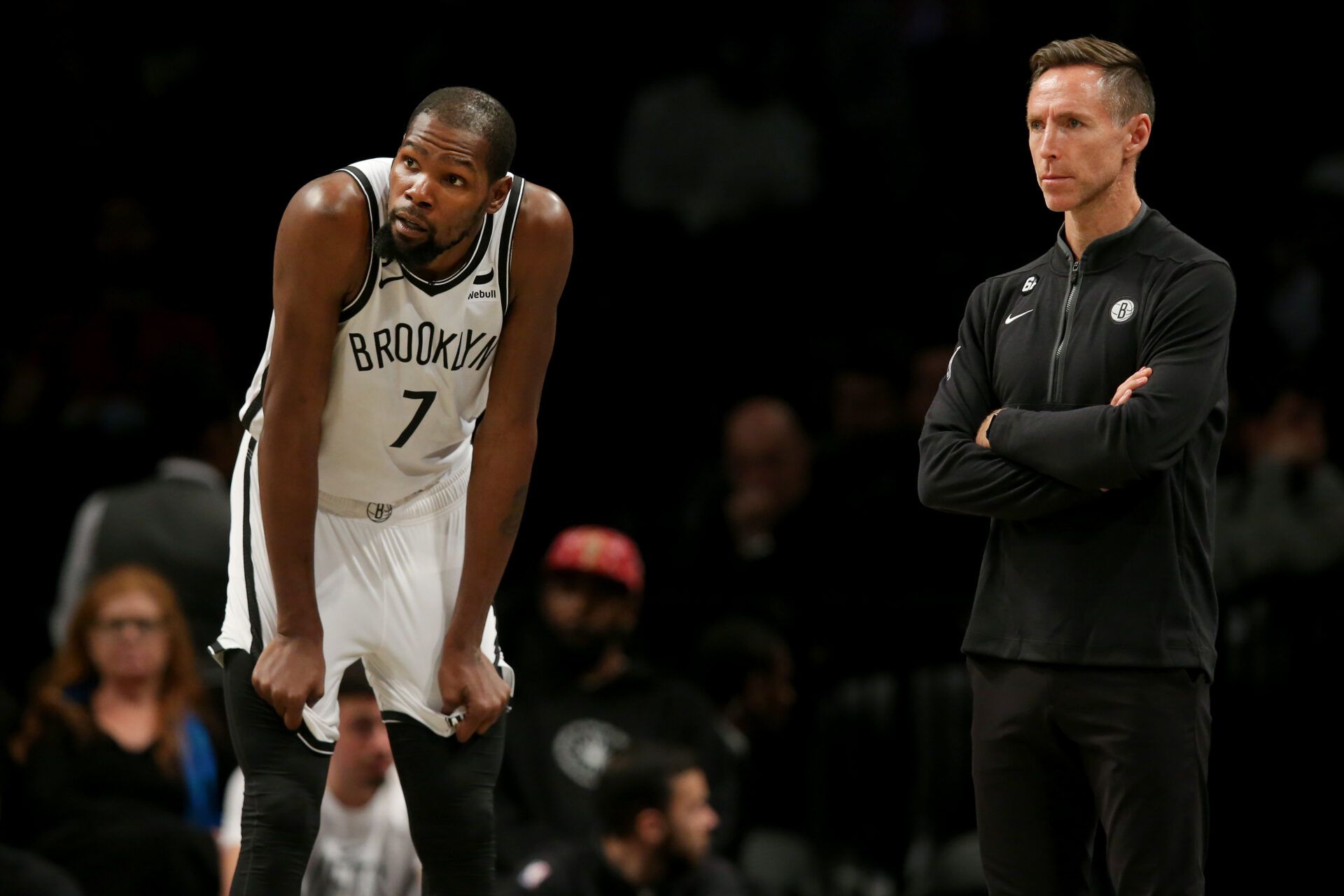 Brooklyn Nets forward Kevin Durant (7) and head coach Steve Nash react during the third quarter against the Miami Heat at Barclays Center.