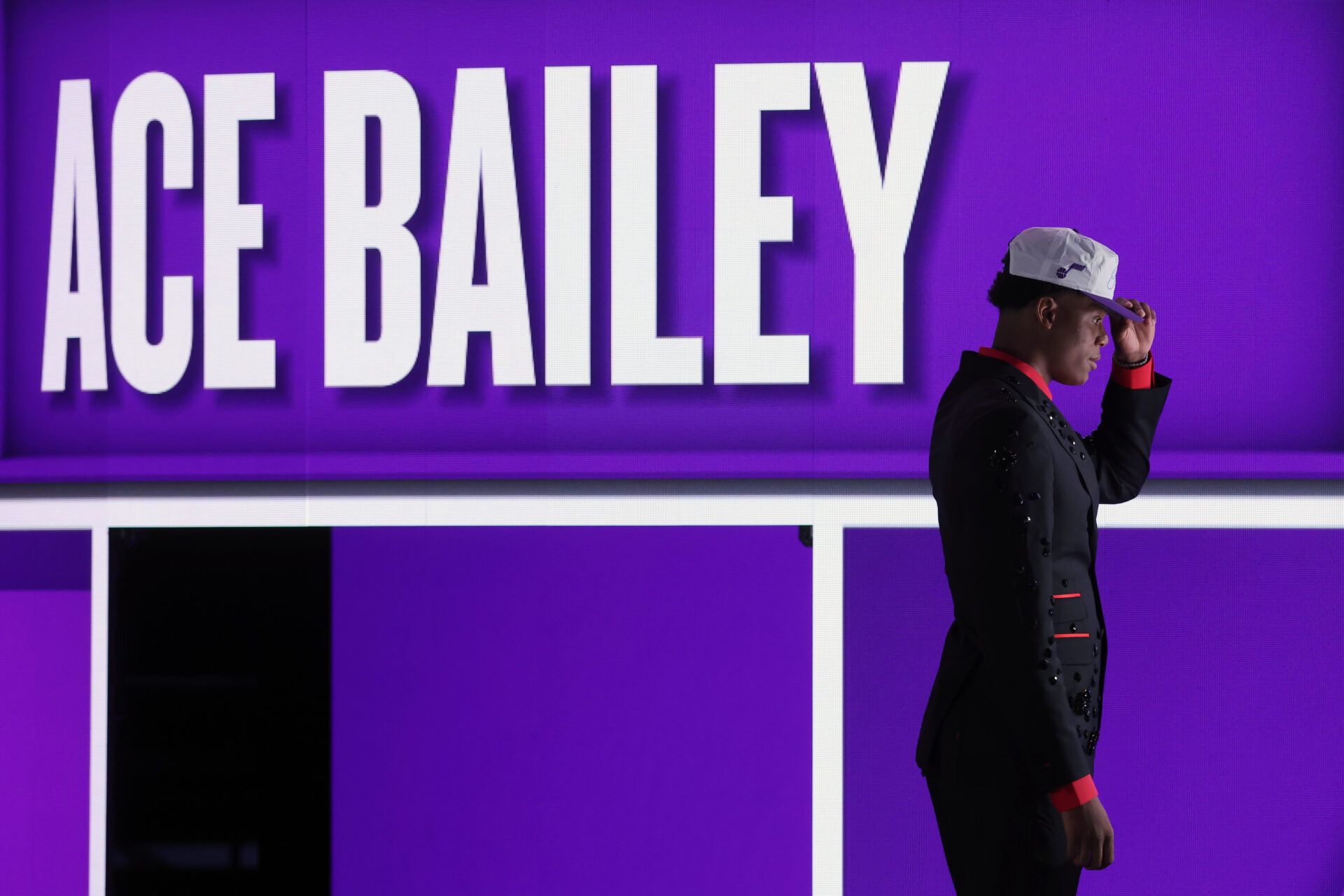 Ace Bailey looks on after being selected as the fifth pick by the Utah in the first round of the 2025 NBA Draft at Barclays Center.