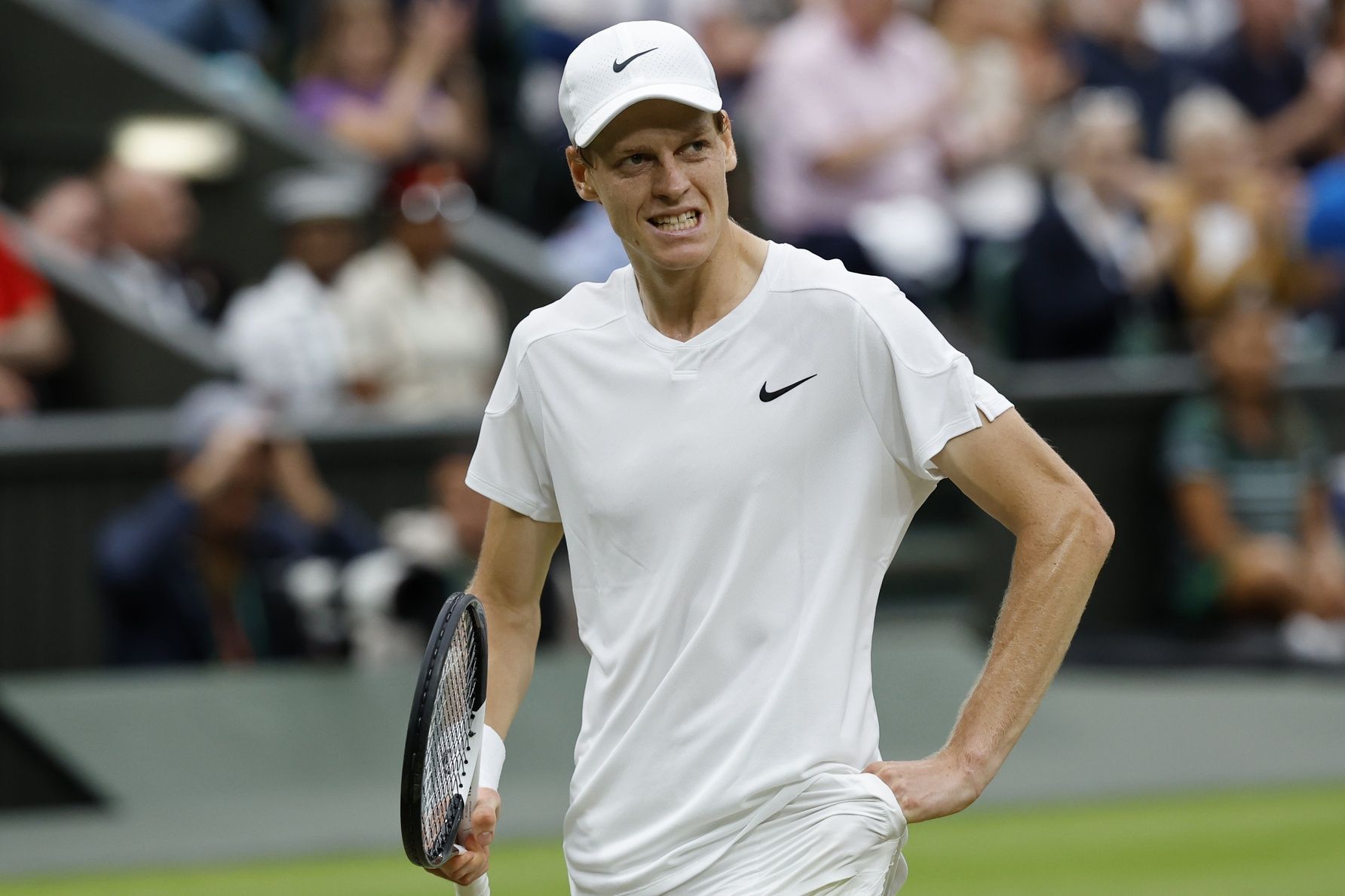 Jannik Sinner (ITA) reacts after winning a point against Daniil Medvedev (not pictured) in a gentlemen's singles quarter-final match on day nine of The Championships Wimbledon 2024 at The All England Lawn Tennis Club.
