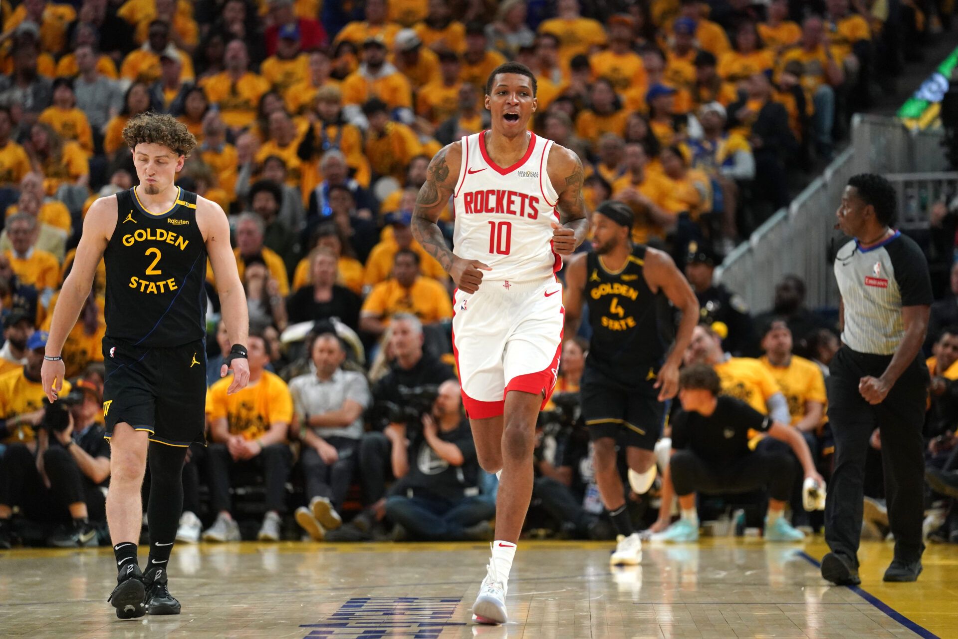 Houston Rockets forward Jabari Smith Jr. (10) reacts after making a three-point basket against the Golden State Warriors in the third quarter of game six of the first round for the 2025 NBA Playoffs at Chase Center.