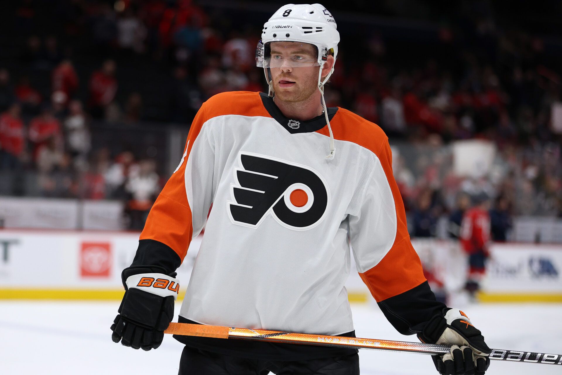 Philadelphia Flyers defenseman Cam York (8) looks on before a game against the Washington Capitals at Capital One Arena.