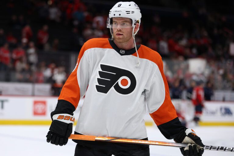 Philadelphia Flyers defenseman Cam York (8) looks on before a game against the Washington Capitals at Capital One Arena.