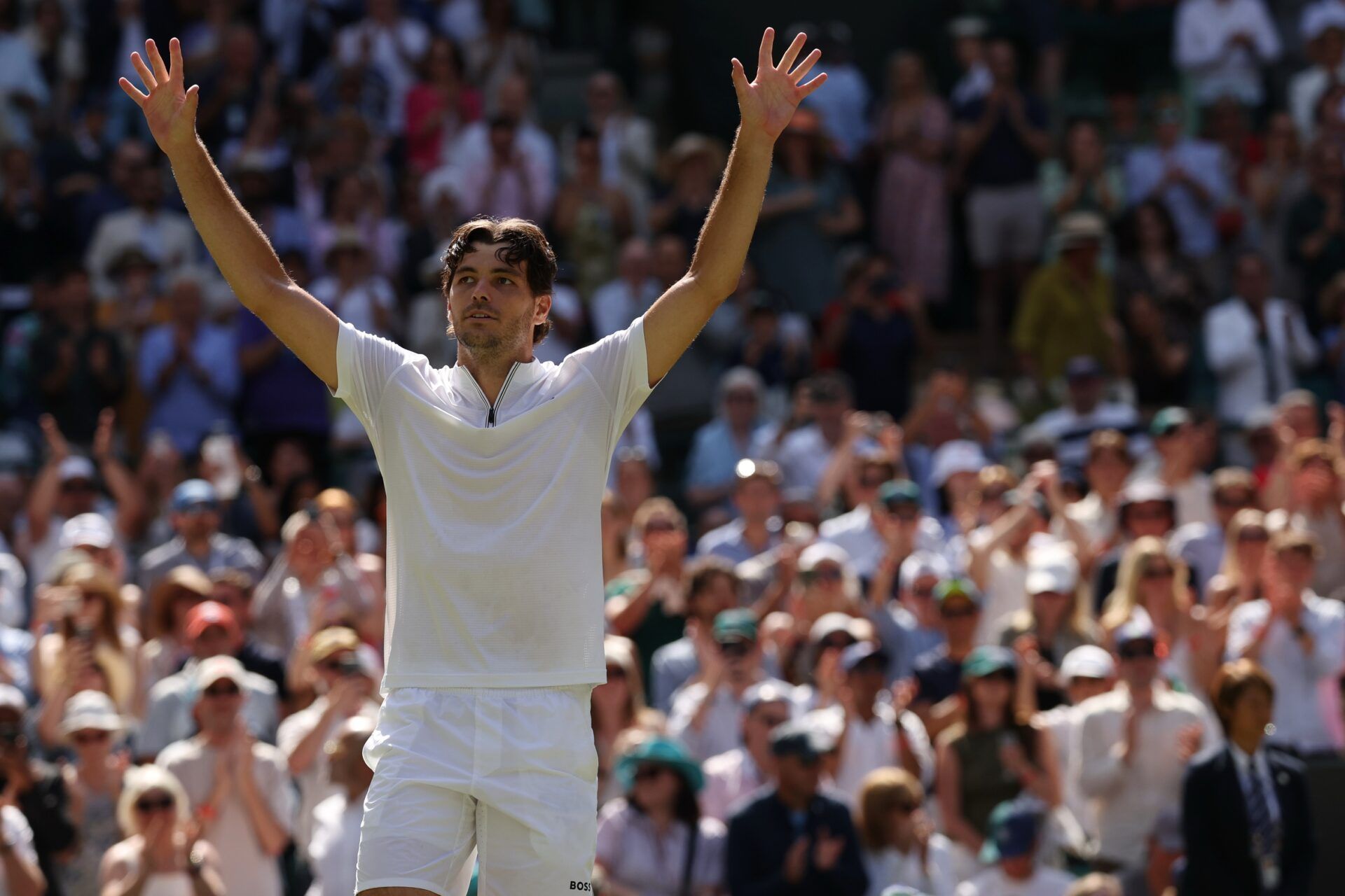Taylor Fritz (USA) celebrates after his match against Karen Khachanov (not pictured) in a gentlemen's singles quarter-final on day eight of The Championships Wimbledon 2025 at All England Lawn Tennis and Croquet Club.