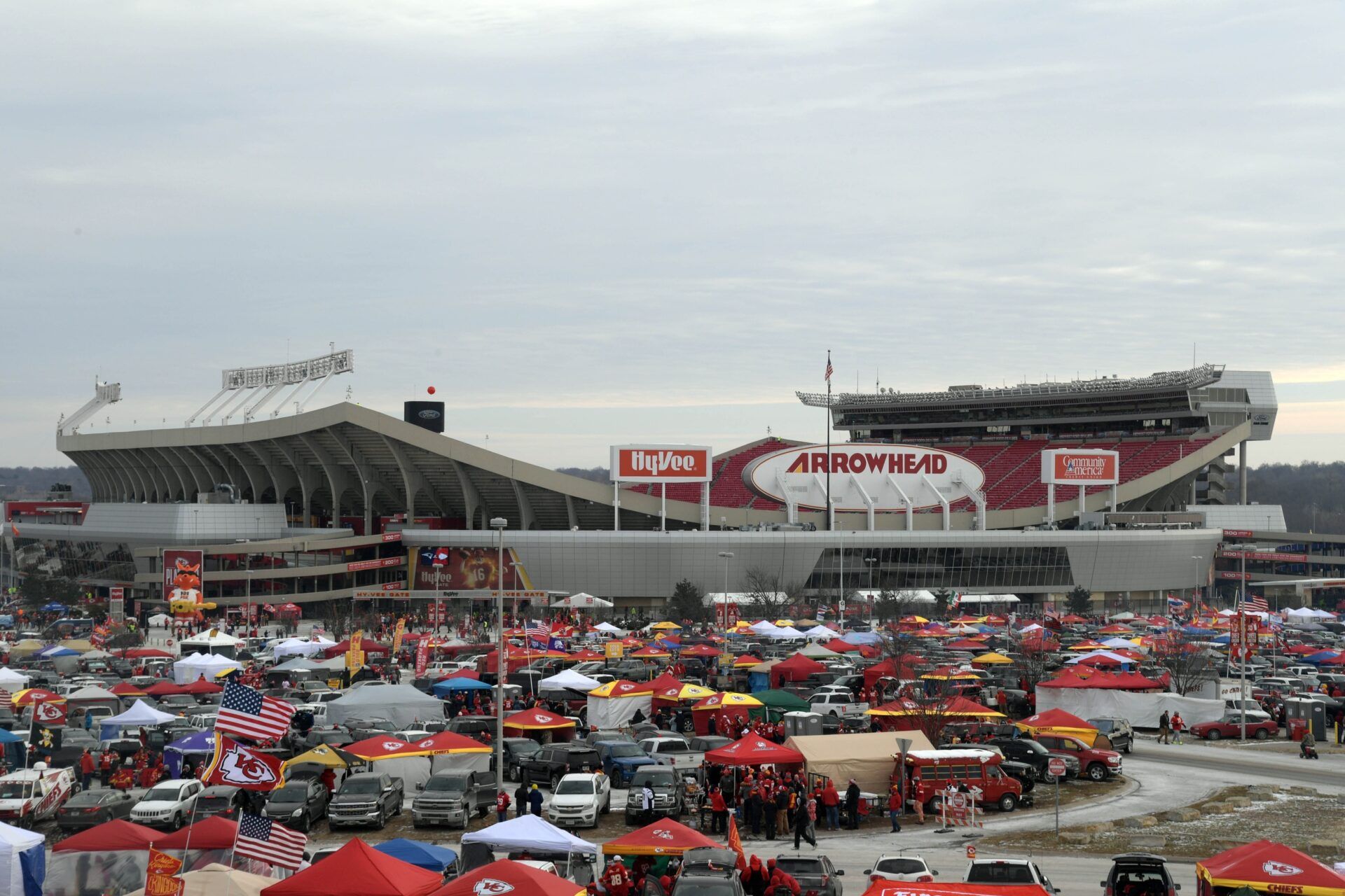 View of the stadium exterior before the AFC Championship game between the Kansas City Chiefs and the New England Patriots at Arrowhead Stadium.