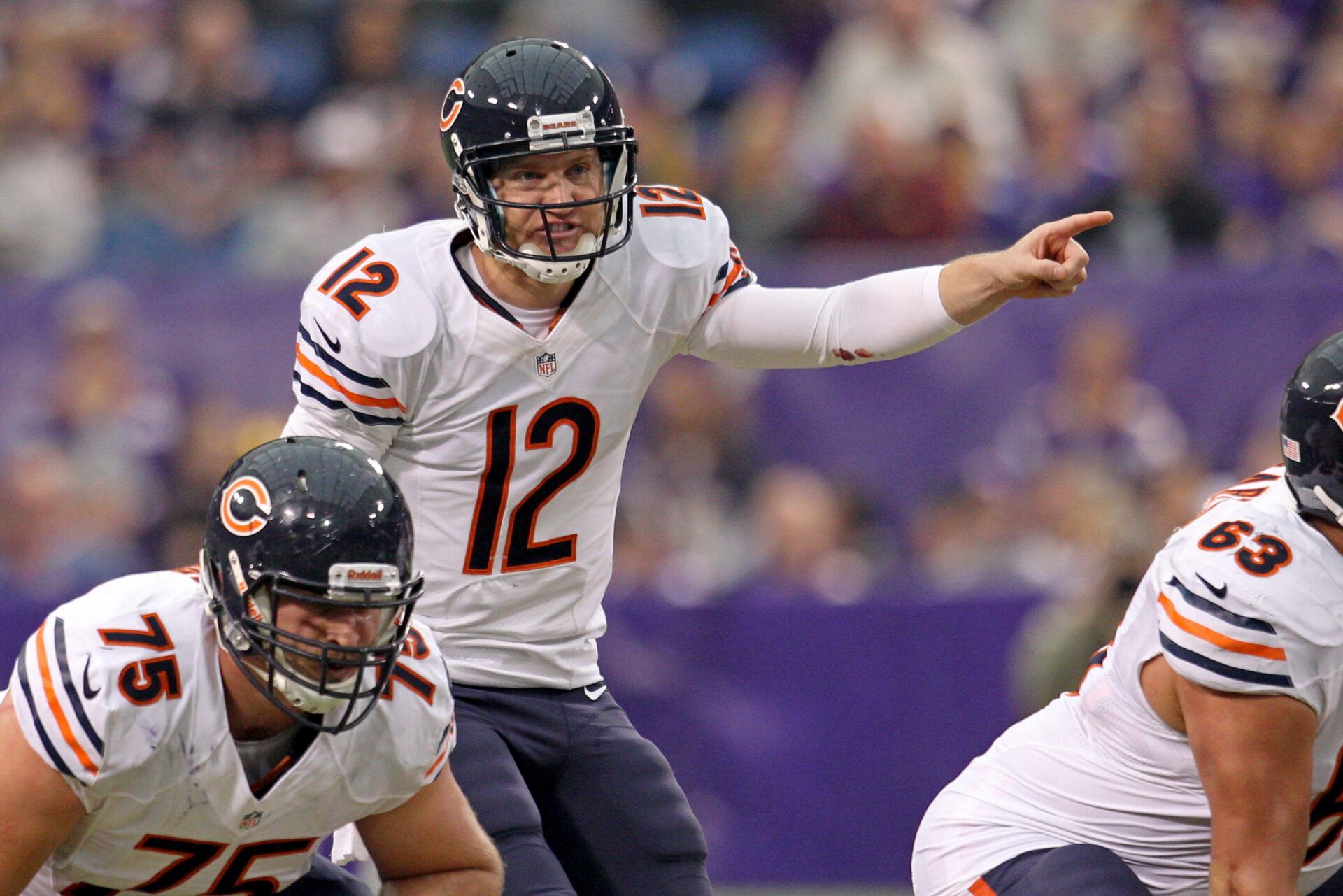 Chicago Bears quarterback Josh McCown (12) against the Minnesota Vikings at Mall of America Field at H.H.H. Metrodome. The Vikings defeated the Bears 23-20 in overtime.