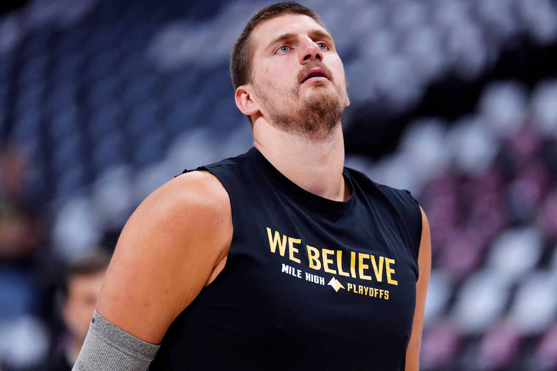 Denver Nuggets center Nikola Jokic (15) before the game against the Oklahoma City Thunder during game three of the second round for the 2025 NBA Playoffs at Ball Arena.