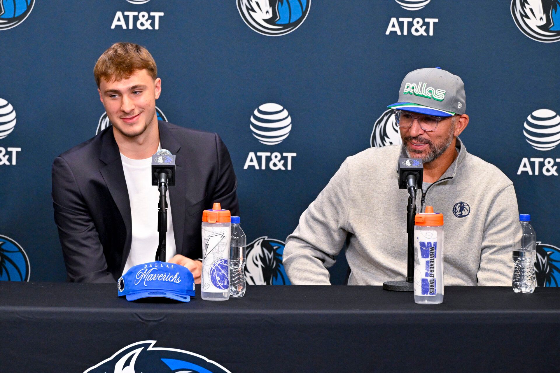Dallas Mavericks first overall pick Cooper Flagg (left) looks on with head coach Jason Kidd (right) at a press conference at the Dallas Mavericks Practice Facility.