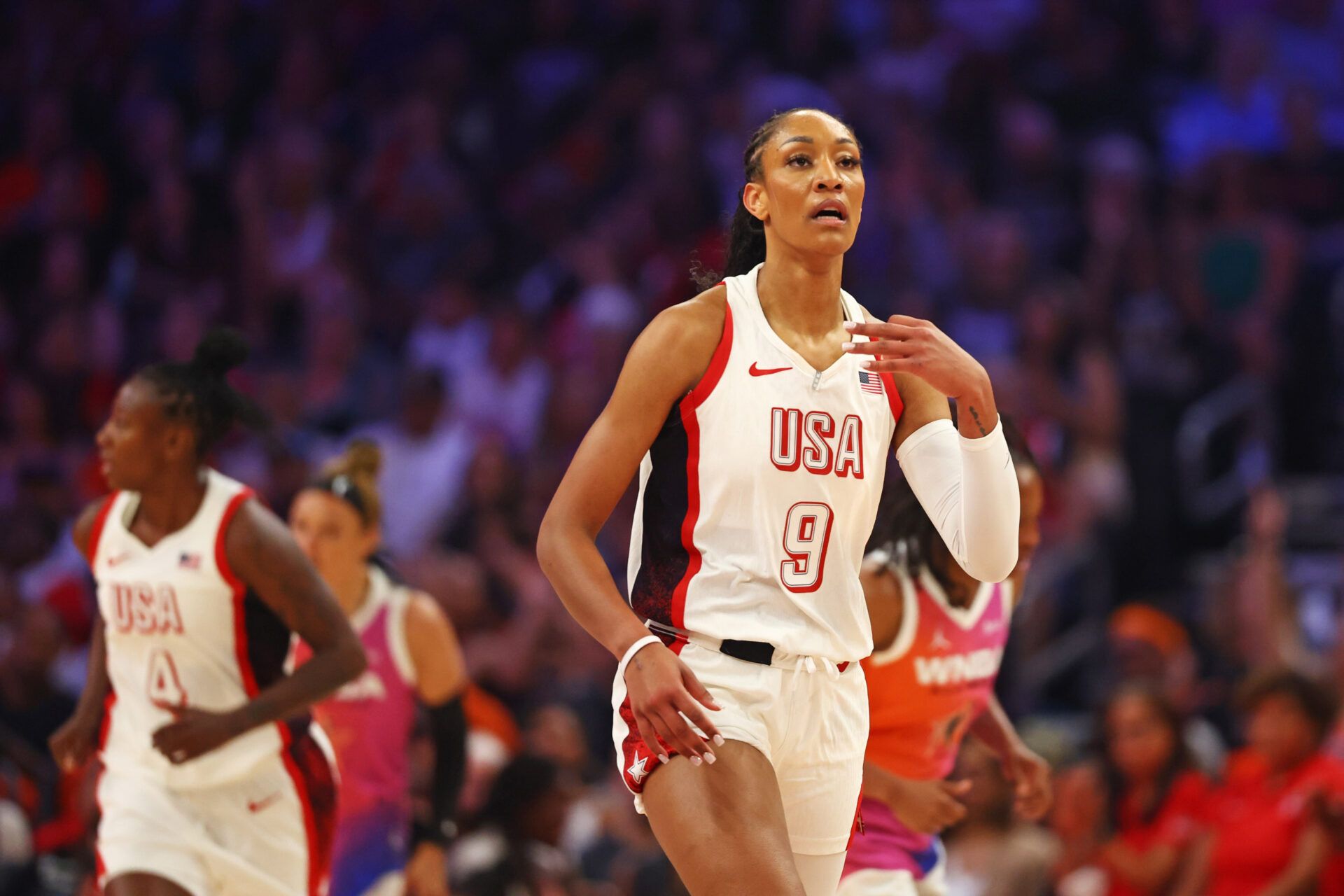 USA Women's National Team forward A’ja Wilson (9) reacts after a play during the first half against the Team WNBA at Footprint Center.