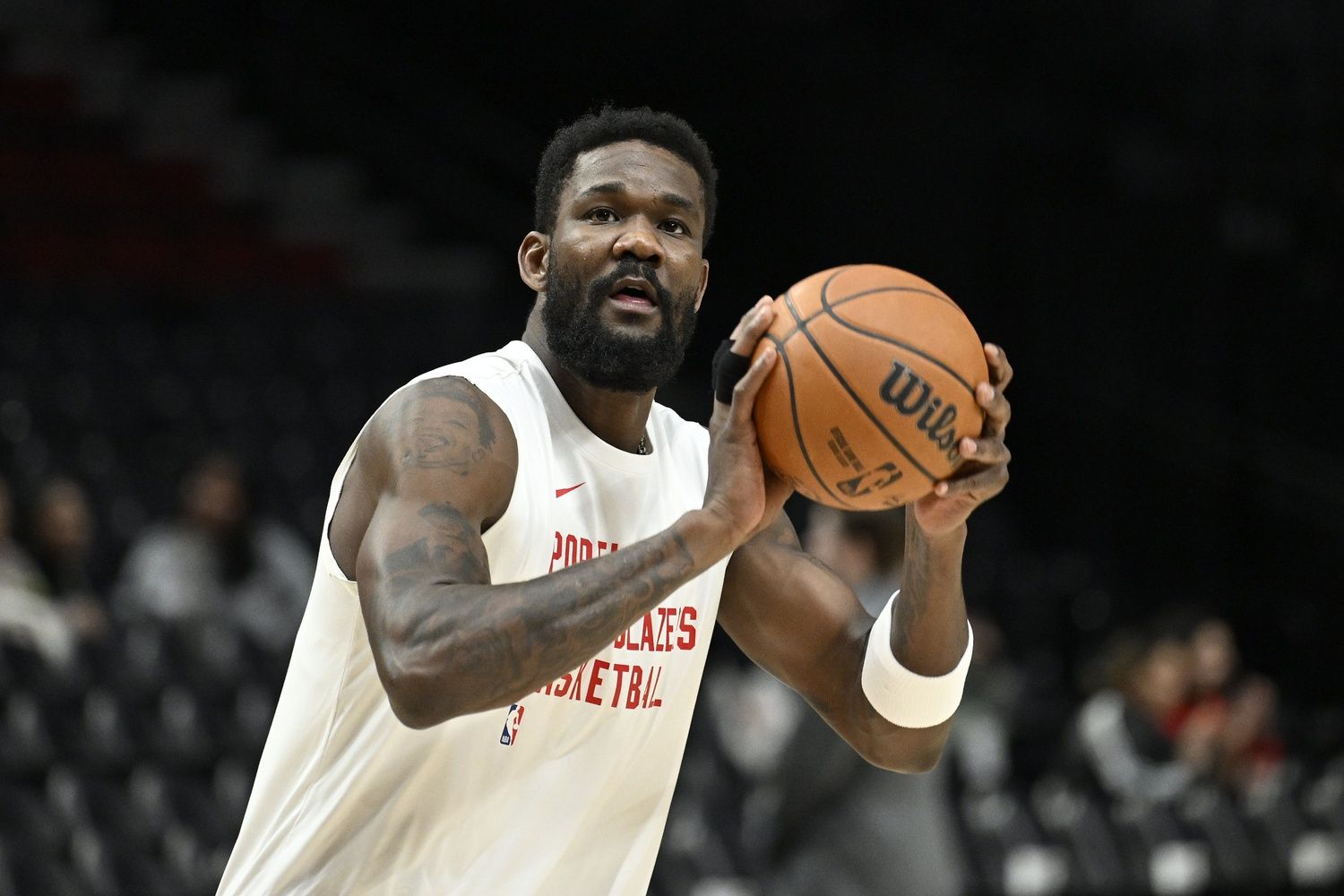 Portland Trail Blazers center Deandre Ayton (2) warms up before a game against the Minnesota Timberwolves at Moda Center.