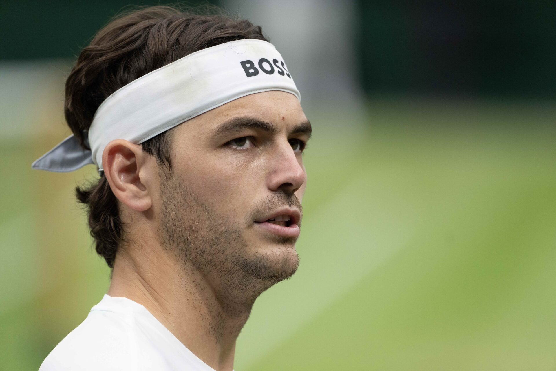 Taylor Fritz of the United States during his match against Alexander Zverev of Germany (not shown) on day eight of The Championships at All England Lawn Tennis and Croquet Club.