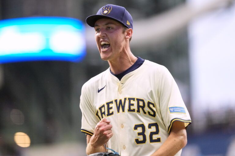 Milwaukee Brewers pitcher Jacob Misiorowski (32) reacts after earning the final out of the sixth inning against the Los Angeles Dodgers at American Family Field.