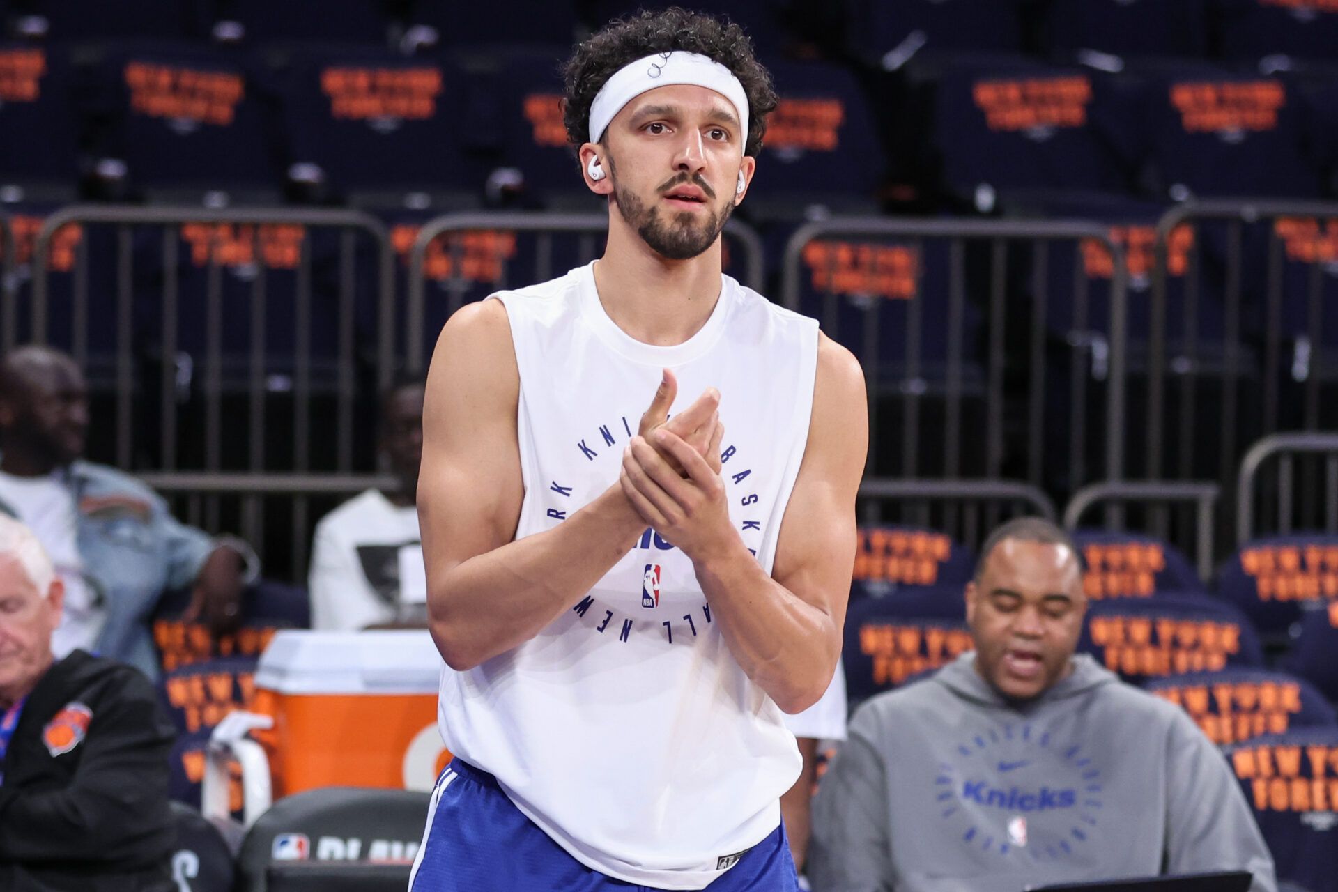 New York Knicks guard Landry Shamet (44) warms up prior to game three of the second round for the 2025 NBA Playoffs against the Boston Celtics at Madison Square Garden.