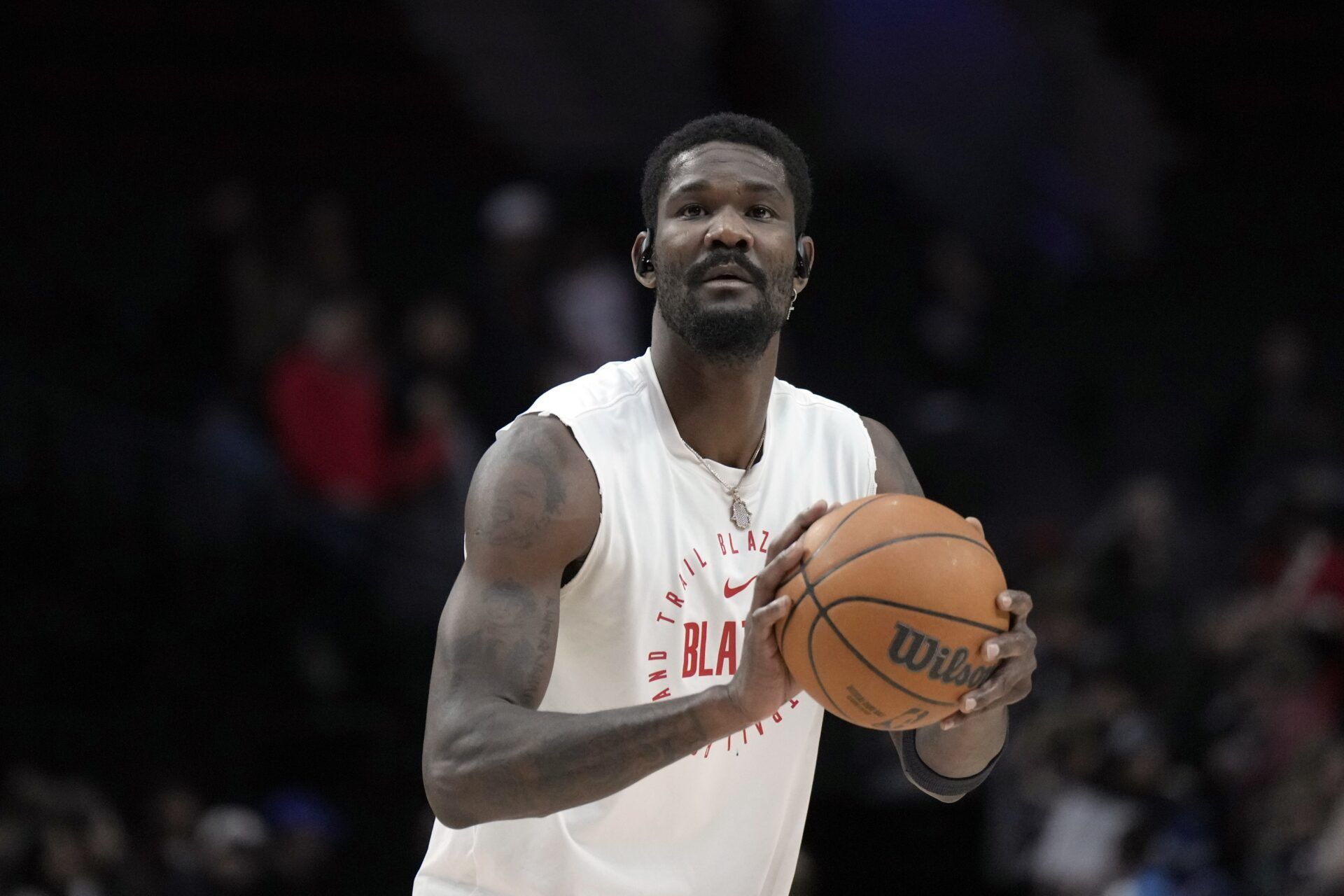 Portland Trail Blazers center Deandre Ayton (2) warms up before the game against the Philadelphia 76ers  at Moda Center.