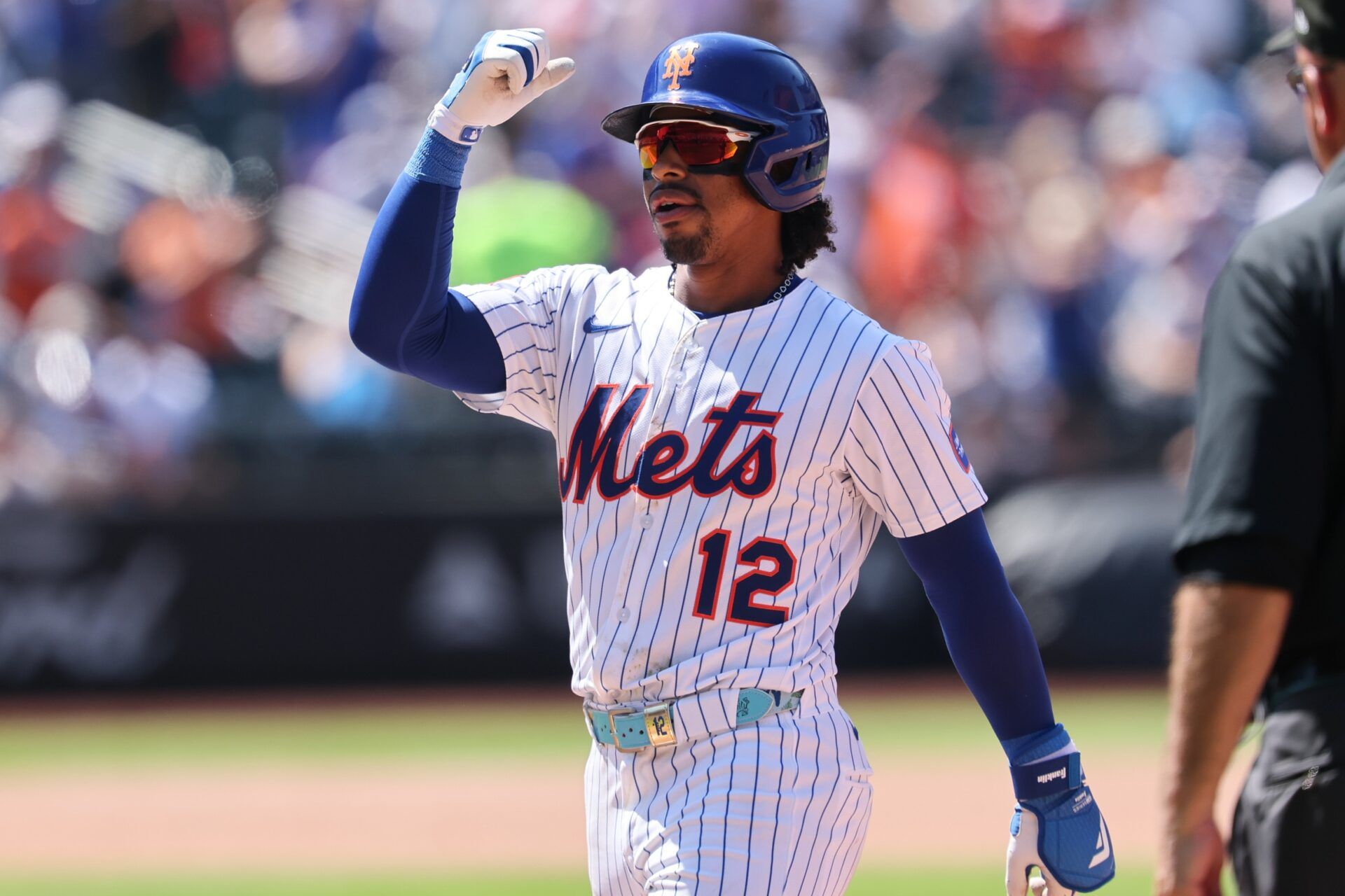 New York Mets shortstop Francisco Lindor (12) reacts after hitting a two RBI single during the fifth inning against the New York Yankees at Citi Field.
