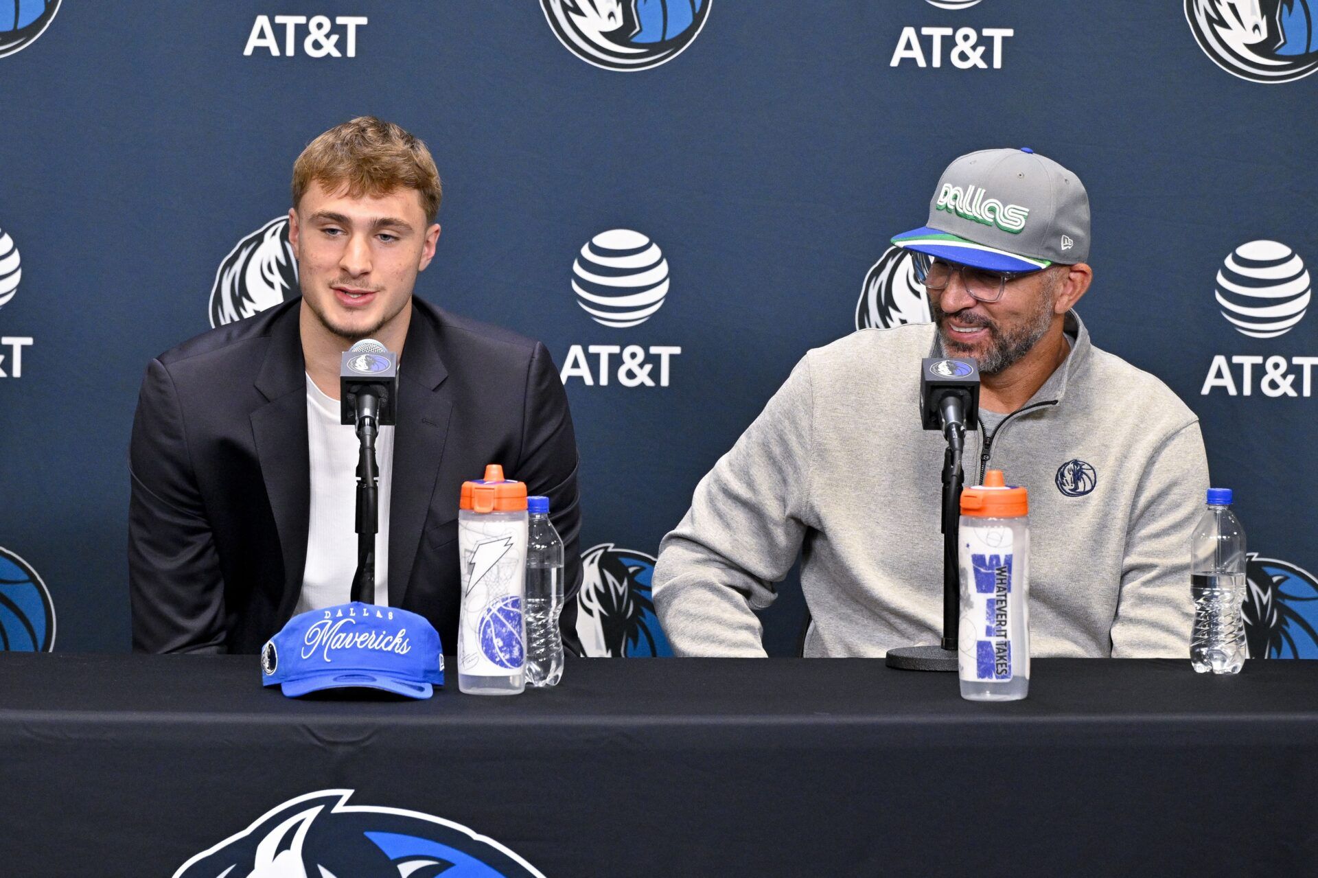 Dallas Mavericks first overall pick Cooper Flagg (left) looks on with head coach Jason Kidd (right) at a press conference at the Dallas Mavericks Practice Facility.