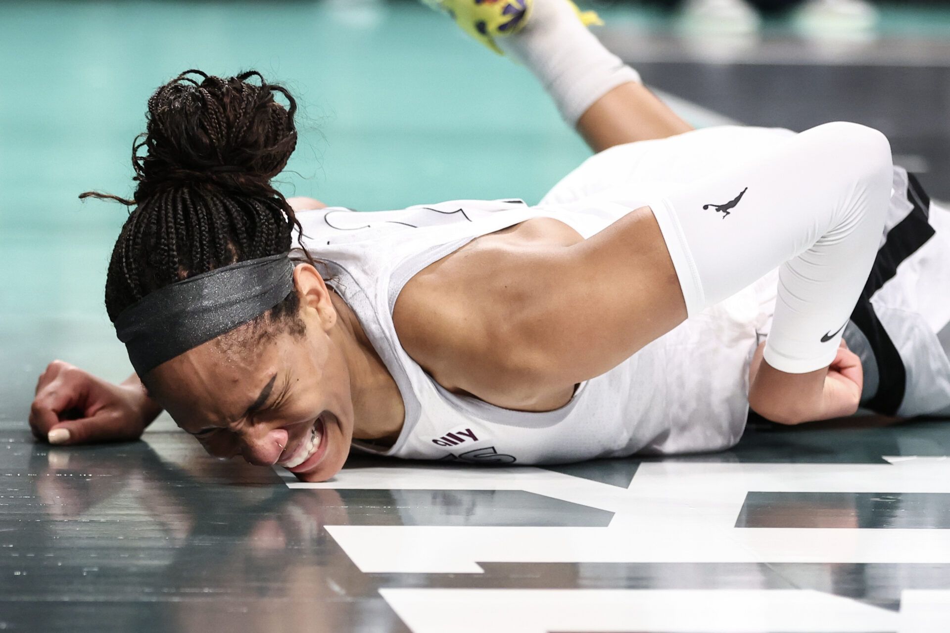 Las Vegas Aces center A'ja Wilson (22) reacts after getting fouled in the first quarter against the New York Liberty at Barclays Center.