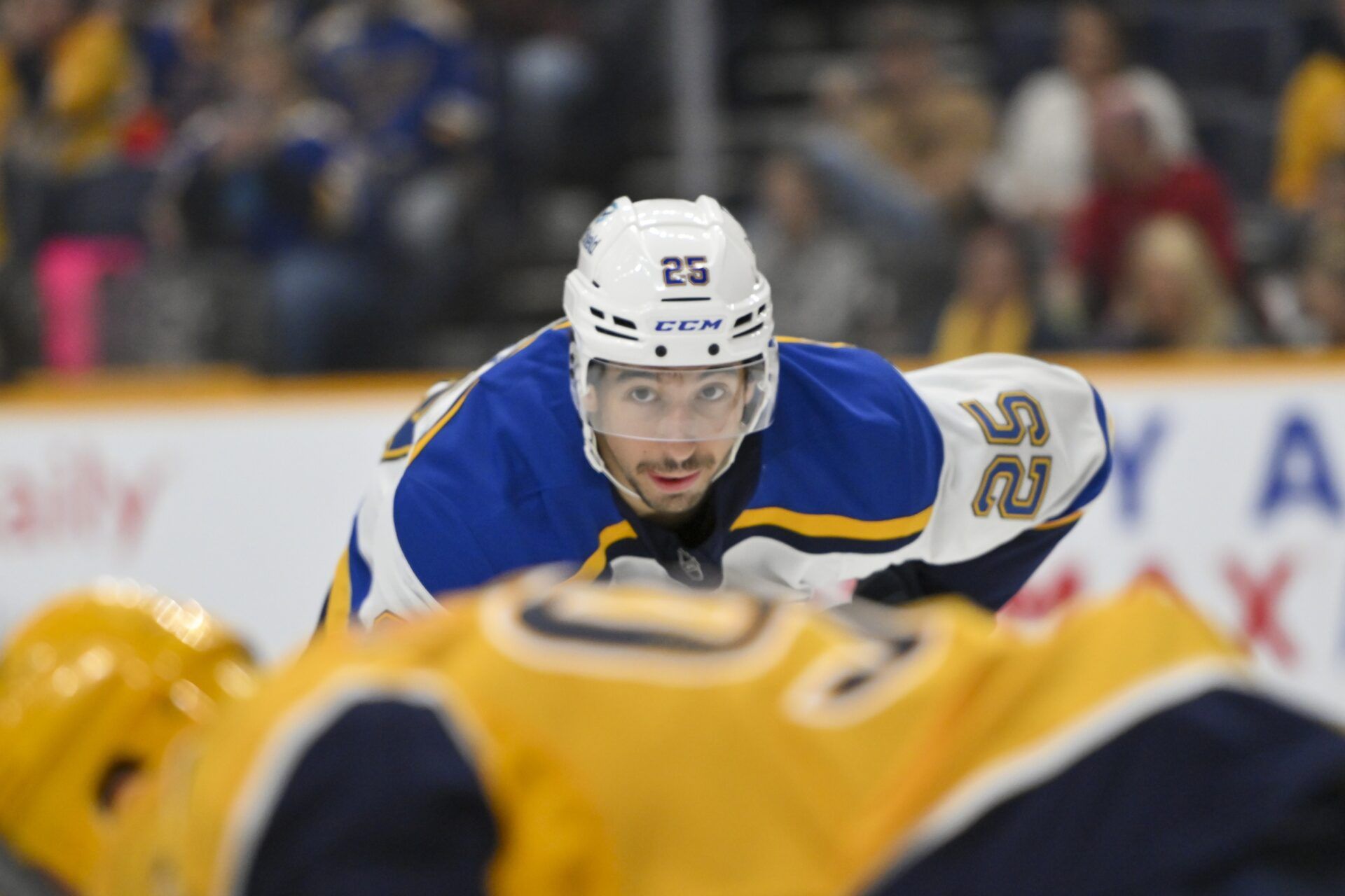 St. Louis Blues center Jordan Kyrou (25) awaits the face off against the Nashville Predators during the second period at Bridgestone Arena.