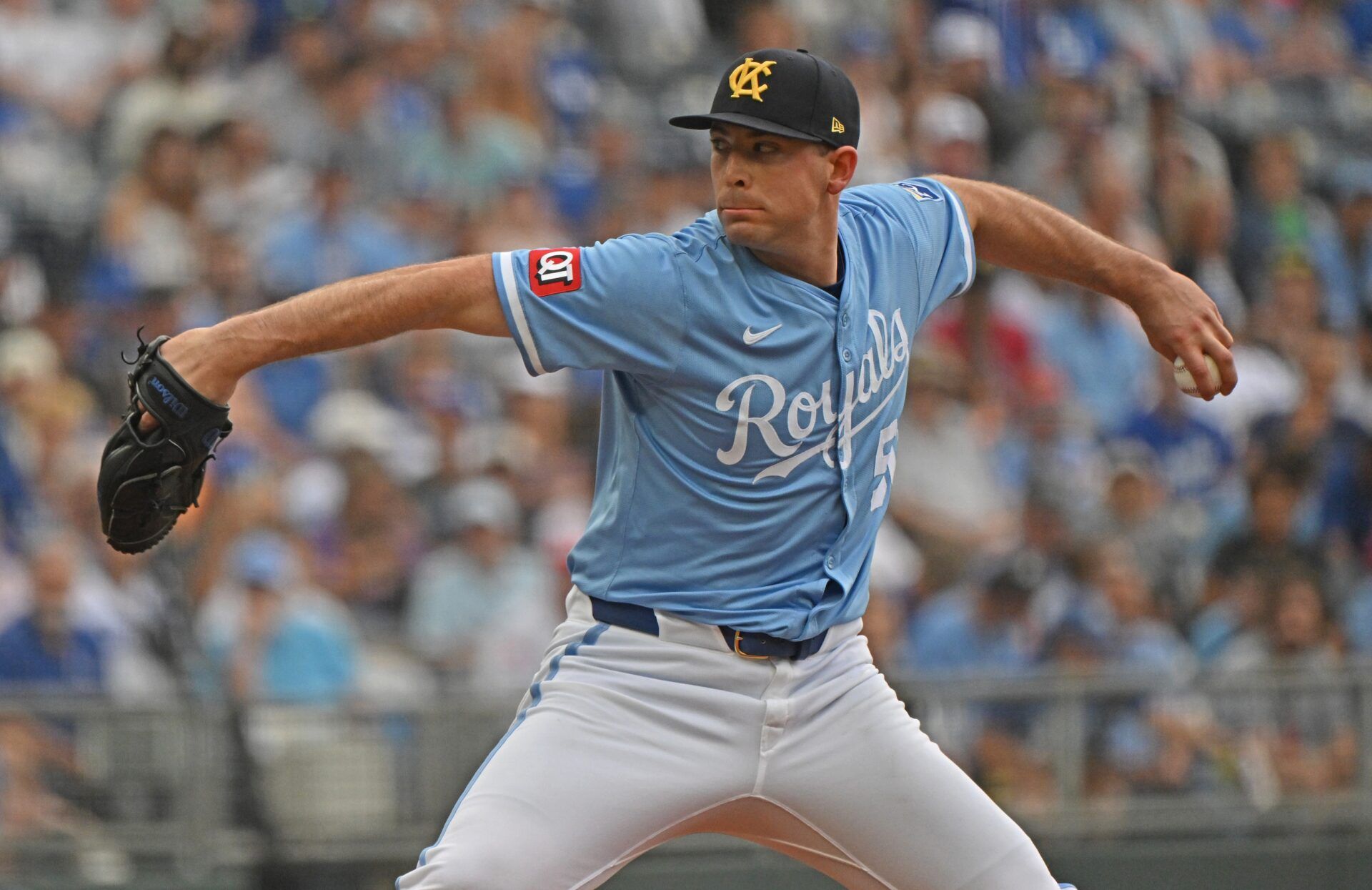 Kansas City Royals starting pitcher Kris Bubic (50) throws a pitch in the first inning against the Los Angeles Dodgers at Kauffman Stadium.
