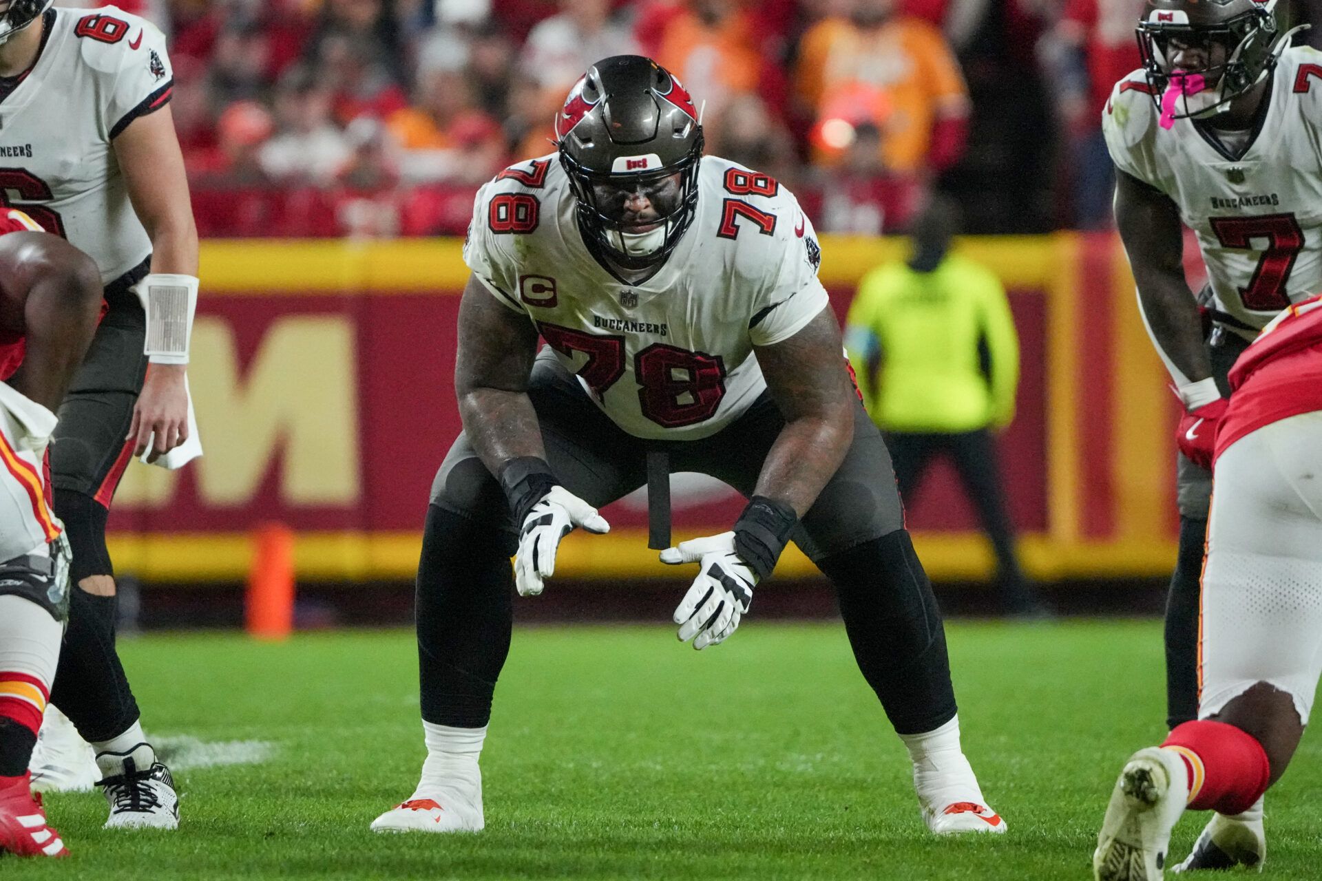 Tampa Bay Buccaneers offensive tackle Tristan Wirfs (78) at the line of scrimmage against the Kansas City Chiefsduring the game at GEHA Field at Arrowhead Stadium.