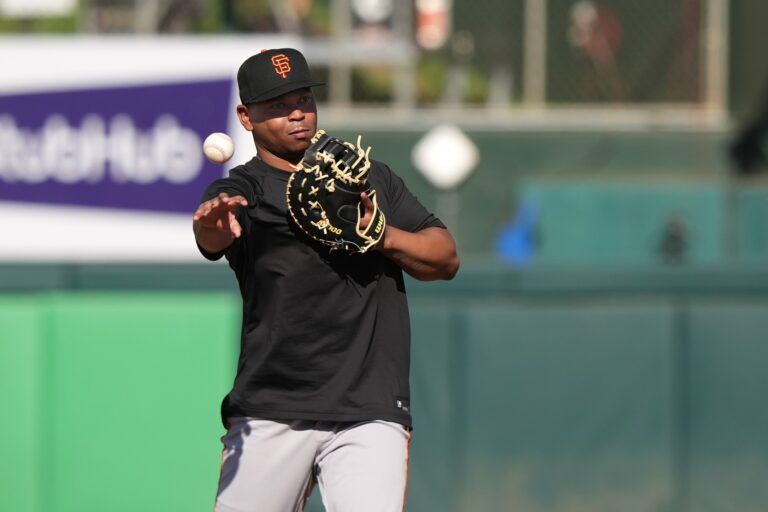 San Francisco Giants designated hitter Rafael Devers (16) warms up before the game against the Athletics at Sutter Health Park.
