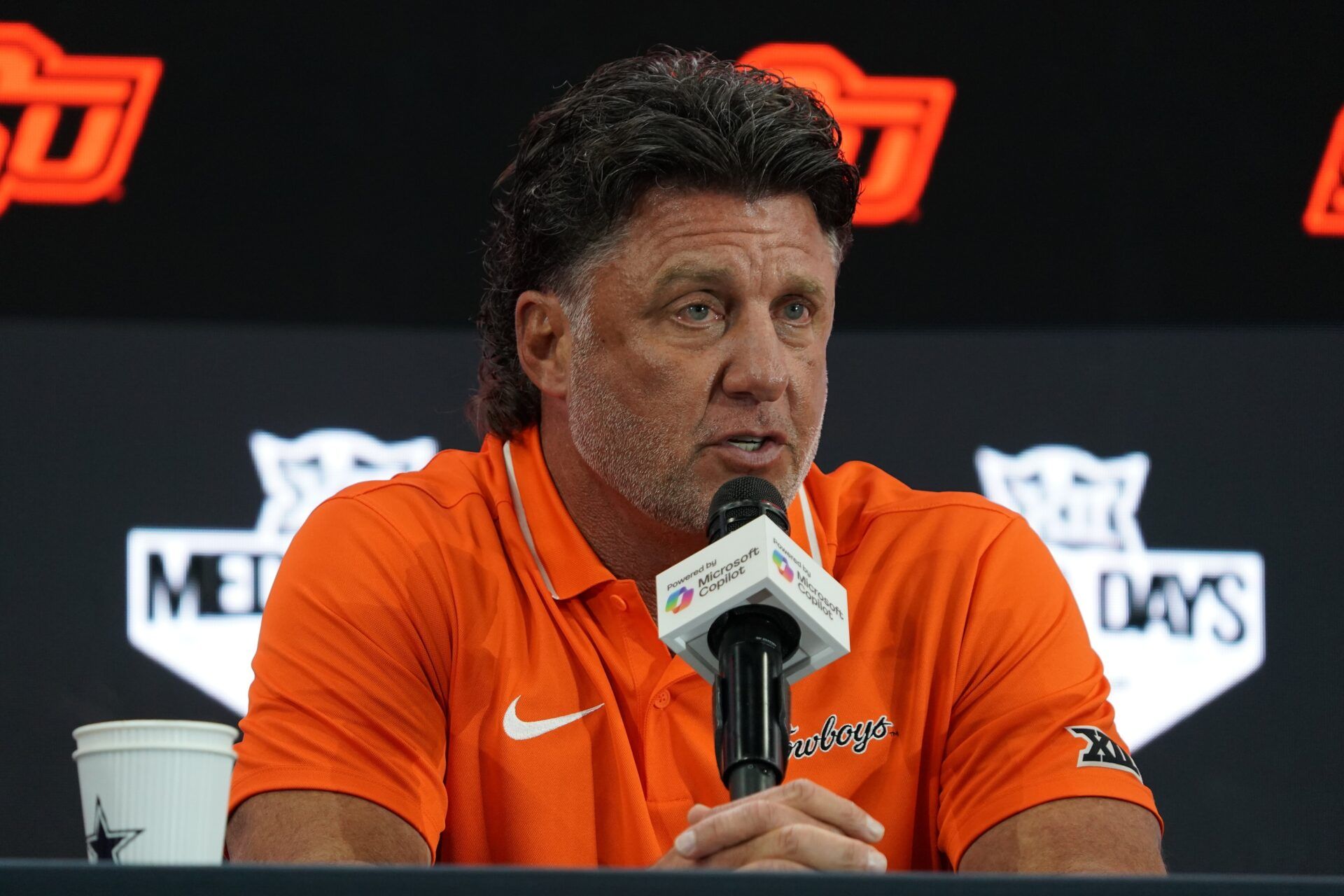 Oklahoma State head coach Mike Gundy speaks with the media during 2025 Big 12 Football Media Days at The Star.