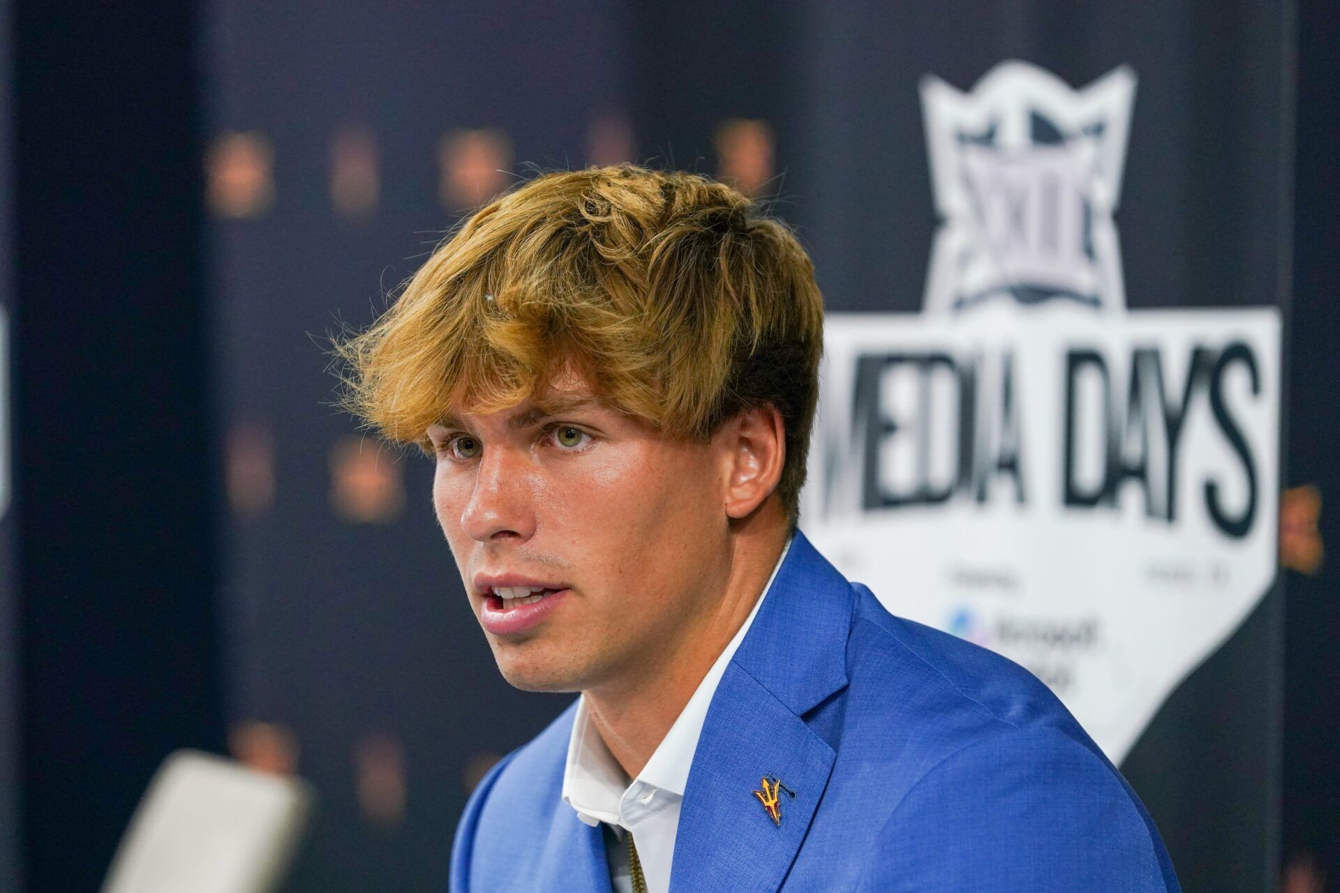 Arizona State quarterback Sam Leavitt answers questions from the media during 2025 Big 12 Football Media Days at The Star.