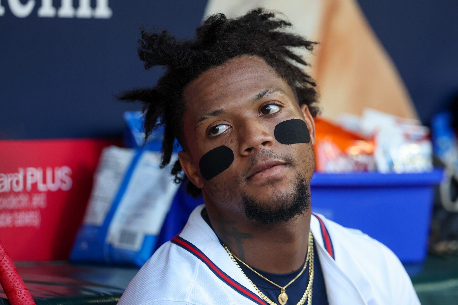Atlanta Braves right fielder Ronald Acuna Jr. (13) in the dugout against the Los Angeles Angels in the second inning at Truist Park.